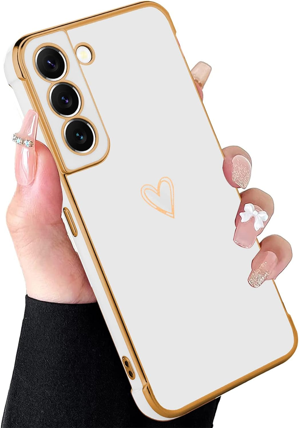 MZELQ Compatible with Samsung Galaxy S22+ plus Case for Women Cute Luxury Gold Heart Pattern Design Full Camera Protection & Soft TPU Shockproof Protective Plating Edge Phone Case,Light Blue  MZELQ White  