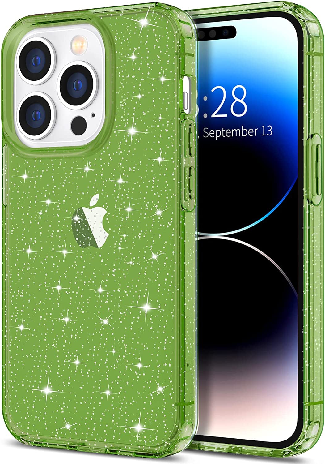 Hython Case for Iphone 14 Pro Max Case Glitter, Cute Sparkly Clear Glitter Shiny Bling Sparkle Cover, Anti-Scratch Soft TPU Slim Fit Shockproof Protective Phone Cases for Women Girls, Black Glitter  Hython Pine Green Glitter  