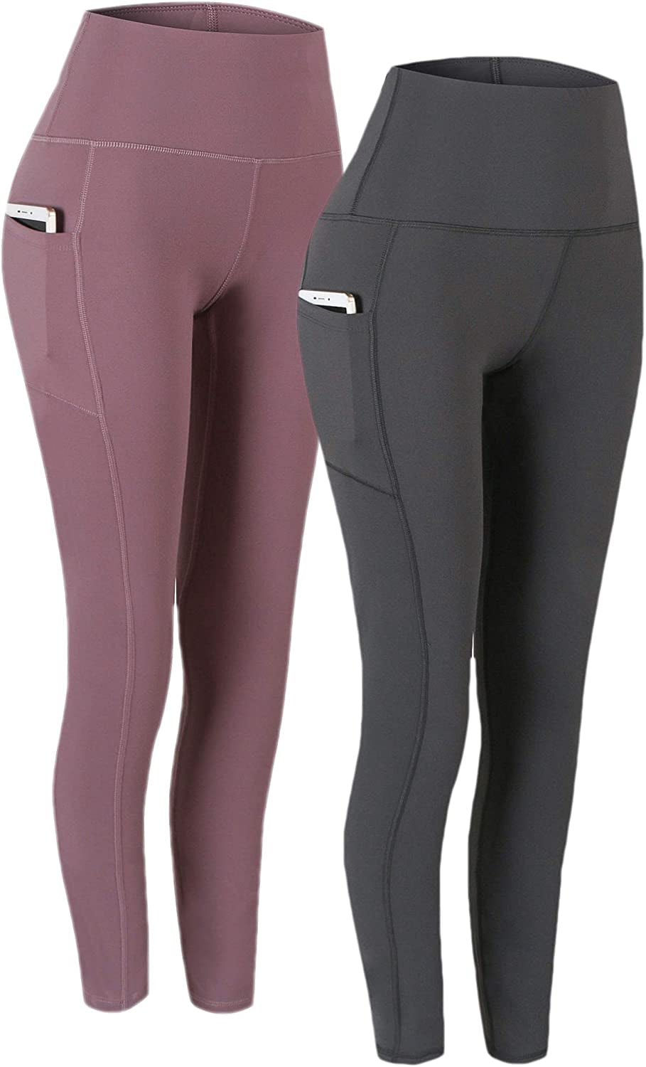 Fengbay 2 Pack High Waist Yoga Pants, Pocket Yoga Pants Tummy Control Workout Running 4 Way Stretch Yoga Leggings  Fengbay Grey & Pink Small 