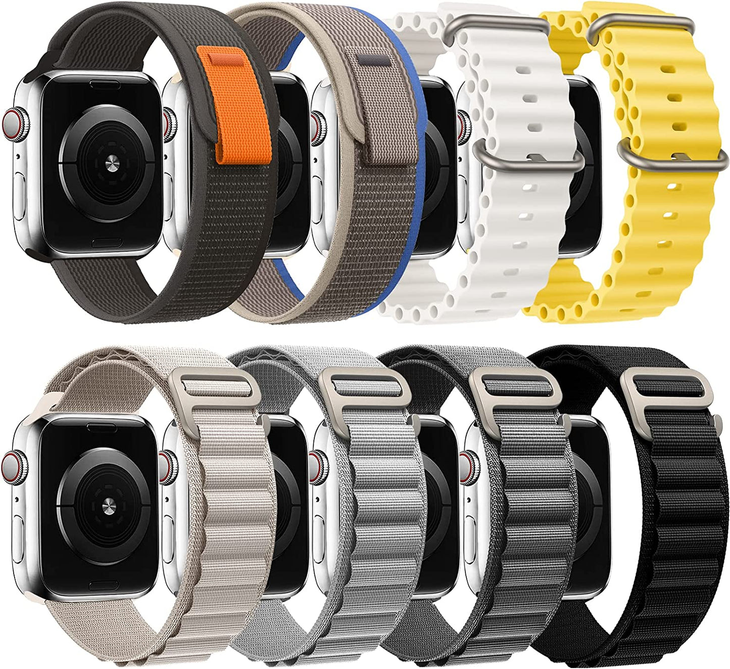 8 Pack Bands - Alpine Loop+Trail Loop+Ocean Band Compatible with Apple Watch Band 49Mm 45Mm 44Mm 42Mm for Men Women, Adjustable Sport Strap for Iwatch Ultra Series 8/7/6/5/4/3/2/1/SE  GDKBAND Black/Starlight/Dark Gray/Silver Gray/White/Yellow/Black/Blue 42/44/45/49mm 