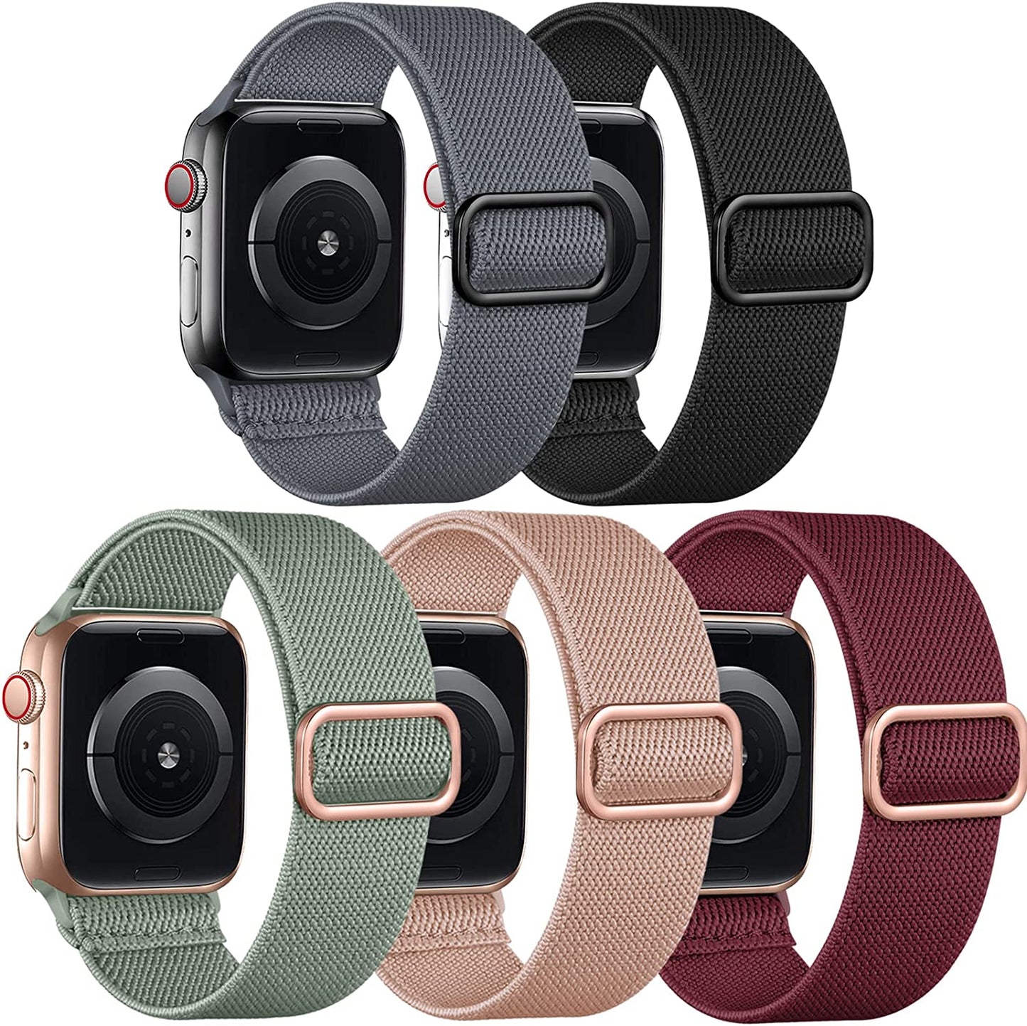 Adorve 5 Pack Stretchy Solo Loop Bands Compatible with Apple Watch Ultral Band 38Mm 40Mm 42Mm 44Mm 41Mm 45Mm 49Mm for Women Men, Soft Nylon Elastic Braided Strap for Iwatch SE Series 8/7/6/5/4/3/2/1  Adorve Black/Sand Pink/Pine Green/Wine Red/Gray 38mm/40mm/41mm 