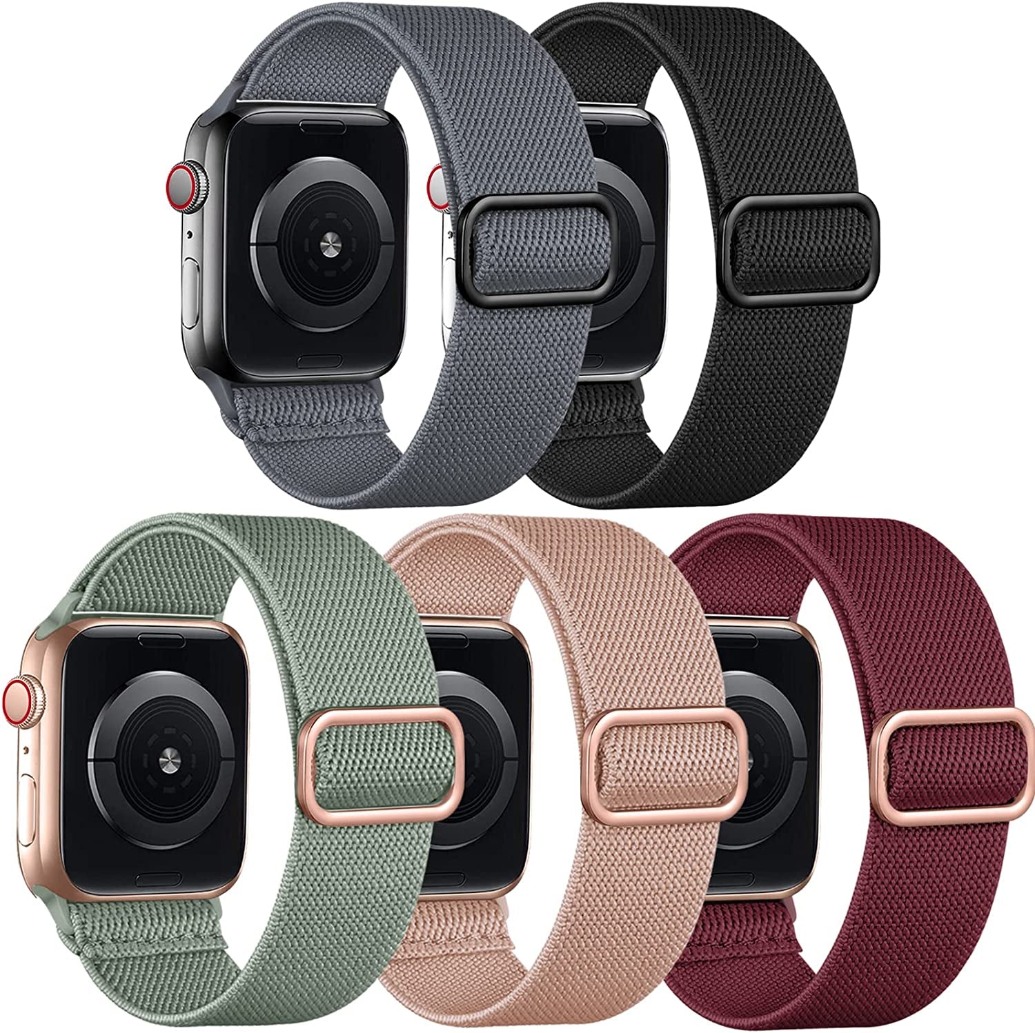 Adorve 5 Pack Stretchy Solo Loop Bands Compatible with Apple Watch Ultral Band 38Mm 40Mm 42Mm 44Mm 41Mm 45Mm 49Mm for Women Men, Soft Nylon Elastic Braided Strap for Iwatch SE Series 8/7/6/5/4/3/2/1  Adorve Black/Sand Pink/Pine Green/Wine Red/Gray 38mm/40mm/41mm 