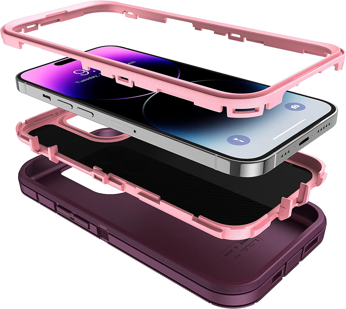 MXX Iphone 14 Pro Heavy Duty Case, 3-Layer Full Body Protection, Tempered Glass and Camera Lens Protector (Plum/Light Pink)  MXx Accessories LLC   