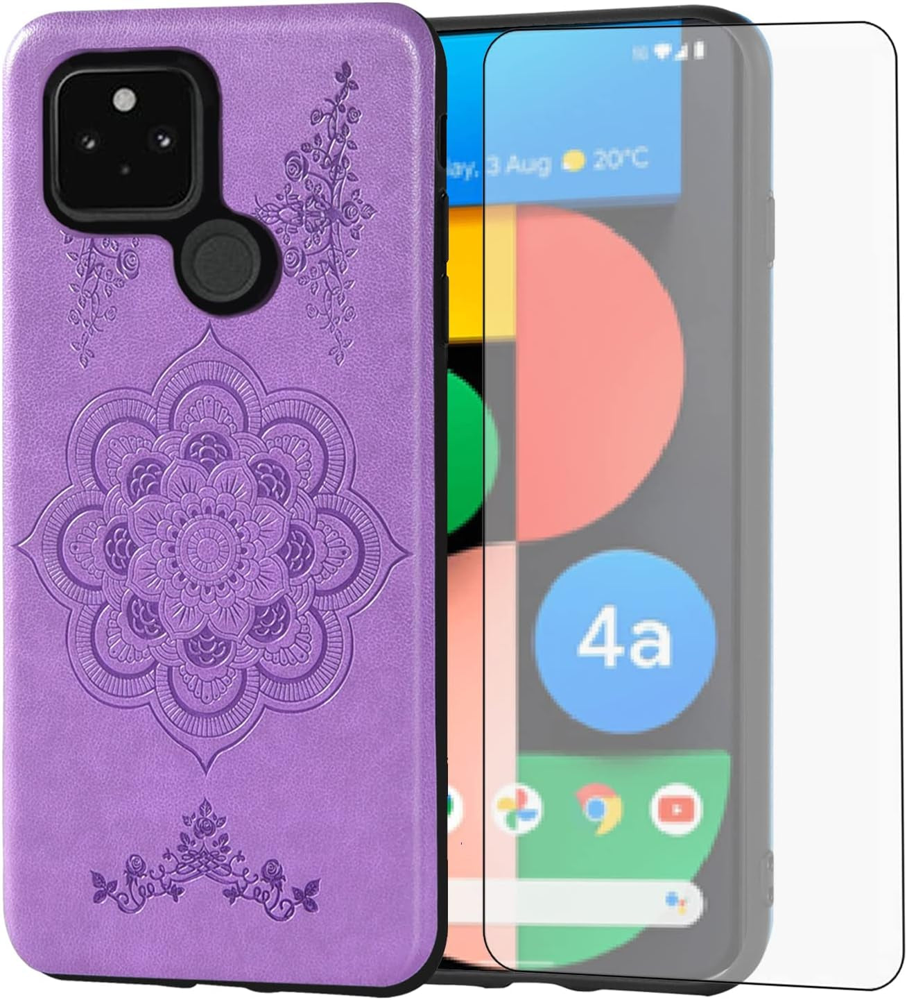 Asuwish Compatible with Google Pixel 4A 5G 6.2 Case and Tempered Glass Screen Protector Thin Slim Soft TPU Flower Leather Cell Phone Cover for Pixel4A5G UW Pixel4A 5G Pixle A4 G5 4A5G Women Men Purple  Asuwish   