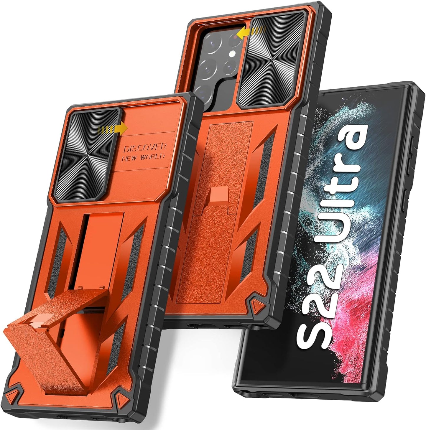 WTYOO for Samsung Galaxy S22 Protective Case: Military Grade Drop Proof Protection Mobile Cover with Kickstand | Rugged Shockproof TPU Matte Textured | Sturdy Cell Phone Bumper  WTYOO Orange-Camera Cover Samsung Galaxy S22 Ultra 