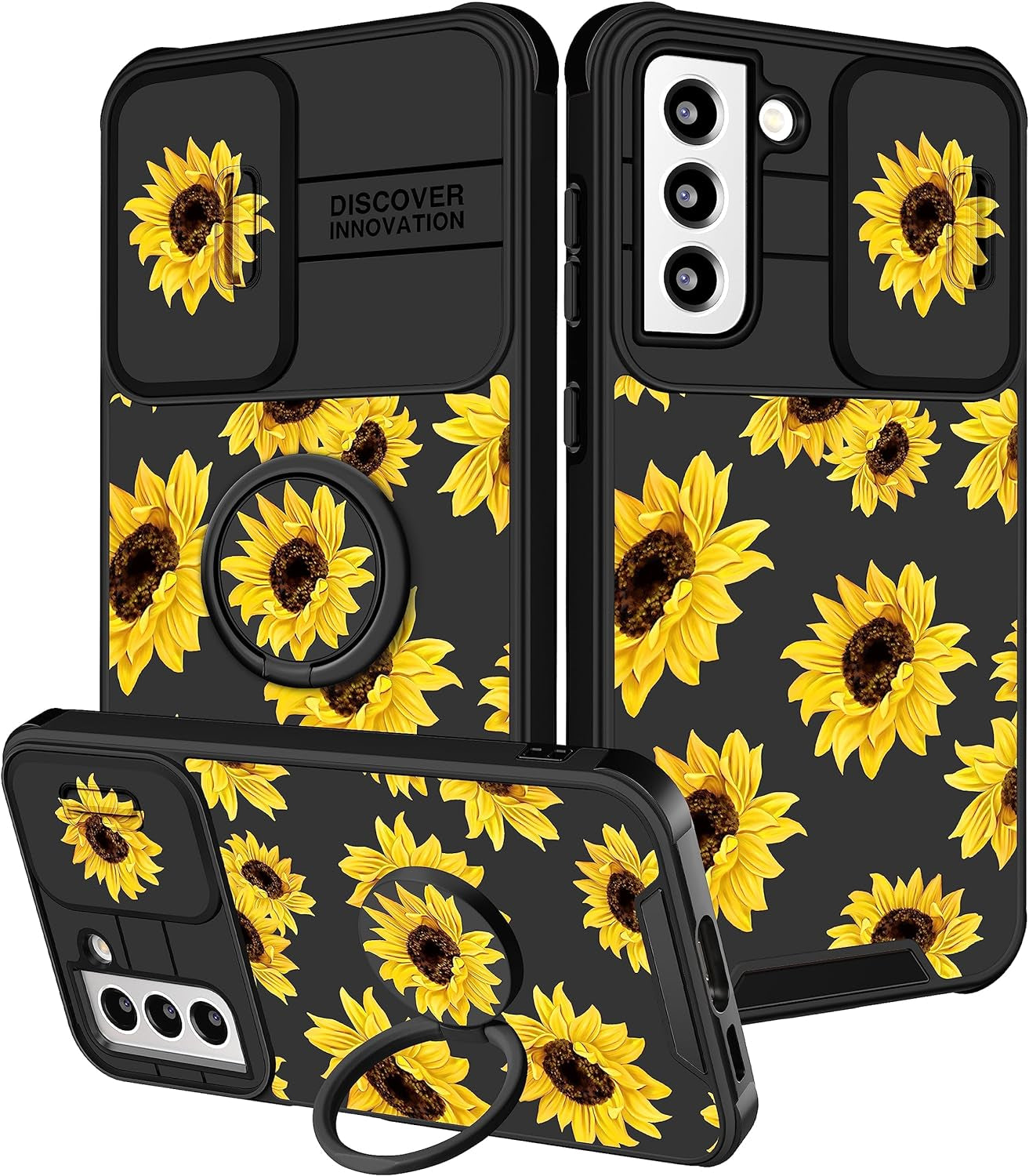 Funermei (2In1 for Samsung Galaxy S21 Case for Women Butterfly Cute Girls Phone Cover Girly Pretty Aesthetic Kawaii Black Butterfly Design with Camera Cover + Ring Stand Funda for Galaxy S21 5G Case  Funermei 2-For S21-Sunflower  