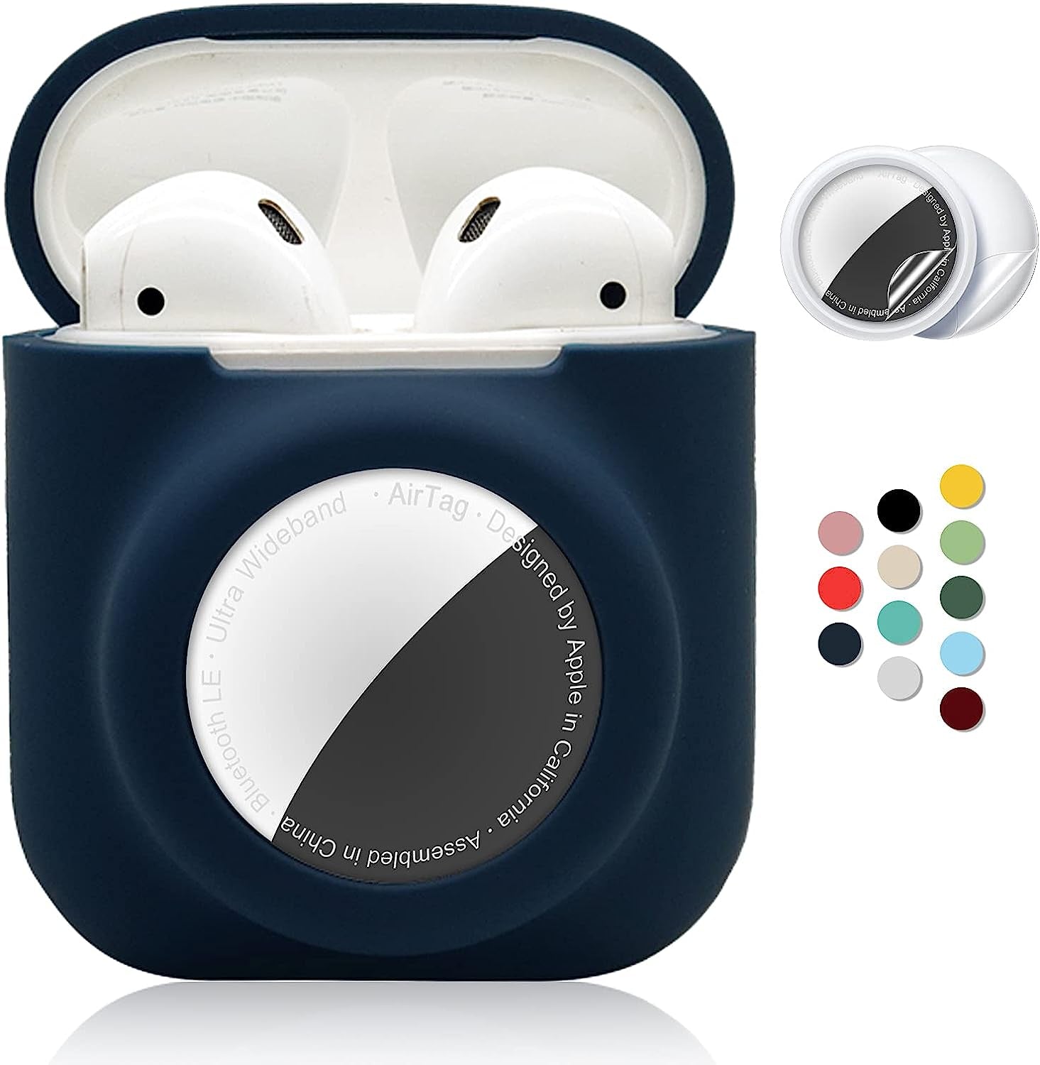 2 in 1 Silicone Protective Skin Cover Compatible with Airpod 1&2 and Airtag, Soft Comprehensive Protective Case with 2 PCS TPU Screen Protector, Anti-Scratch Anti-Fall Anti-Lost(Black)  Enspito NavyBlue  
