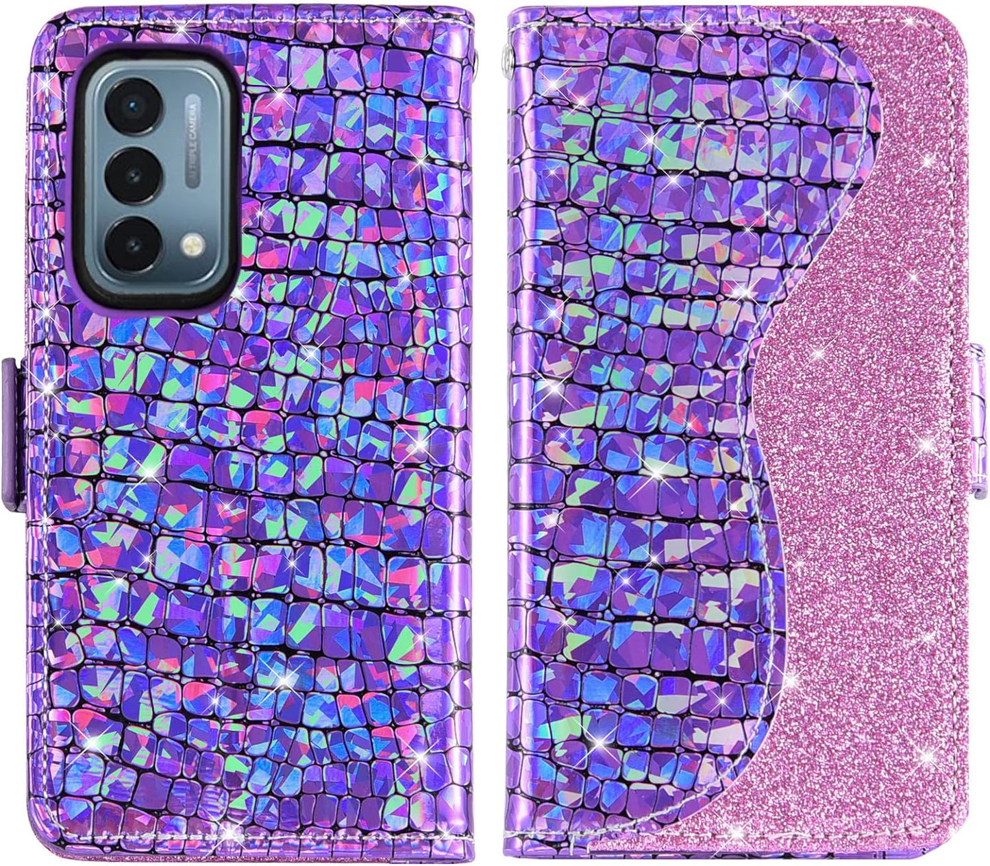 Asuwish Phone Case for Oneplus Nord N200 5G Wallet Cover with Screen Protector and Flip Card Holder Bling Glitter Stand Cell One plus N 200 G5 1 plus 200N 1Plus One+ 1+ N2005G 2021 Women Girls Purple  Asuwish   