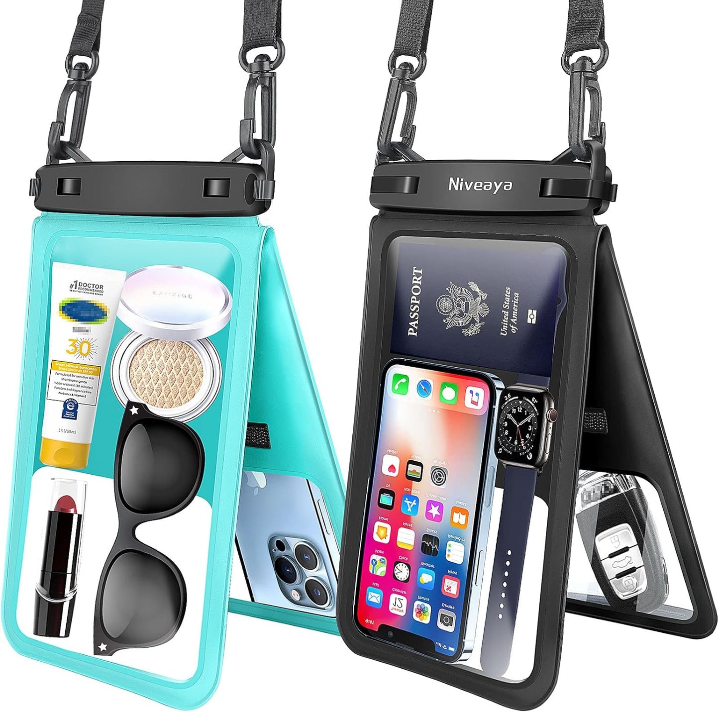 Niveaya Double Space Waterproof Phone Pouch - 2 Pack, Waterproof Phone Lanyard Case with Iphone 15/14/13/12/ Pro Max/Pro/8 Plus, Galaxy S22/S21/S20/S10/Note 20/10/9 up to 7", Dry Bag for Vacation.  Niveaya Black+ Teal Large 10.5" 