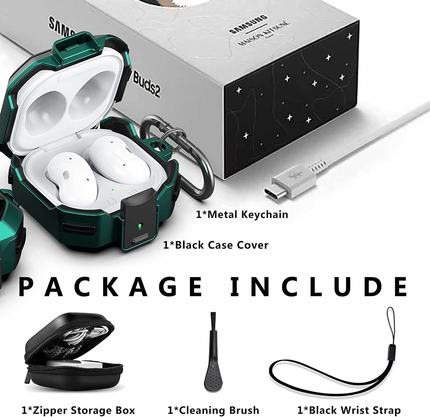 (With Security Lock) Carbon Fiber Case Cover for Samsung Galaxy Buds2 Pro Case/Galaxy Buds Pro Case/Galaxy Buds Live Case/Galaxy Buds 2 Case with Keychain/Zipper Box/Clean Brush - Carbon Fiber Green  Galafoki   