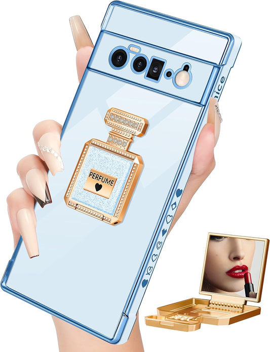 Buleens for Pixel 6 Pro Case with Metal Perfume Bottle Mirror Stand,Cute Women Girly Heart Cases for Google Pixel 6 Pro Case, Elegant Luxury Phone Cover for Pixel 6 Pro Phone Case 6.7''Sierra Blue  Buleens   