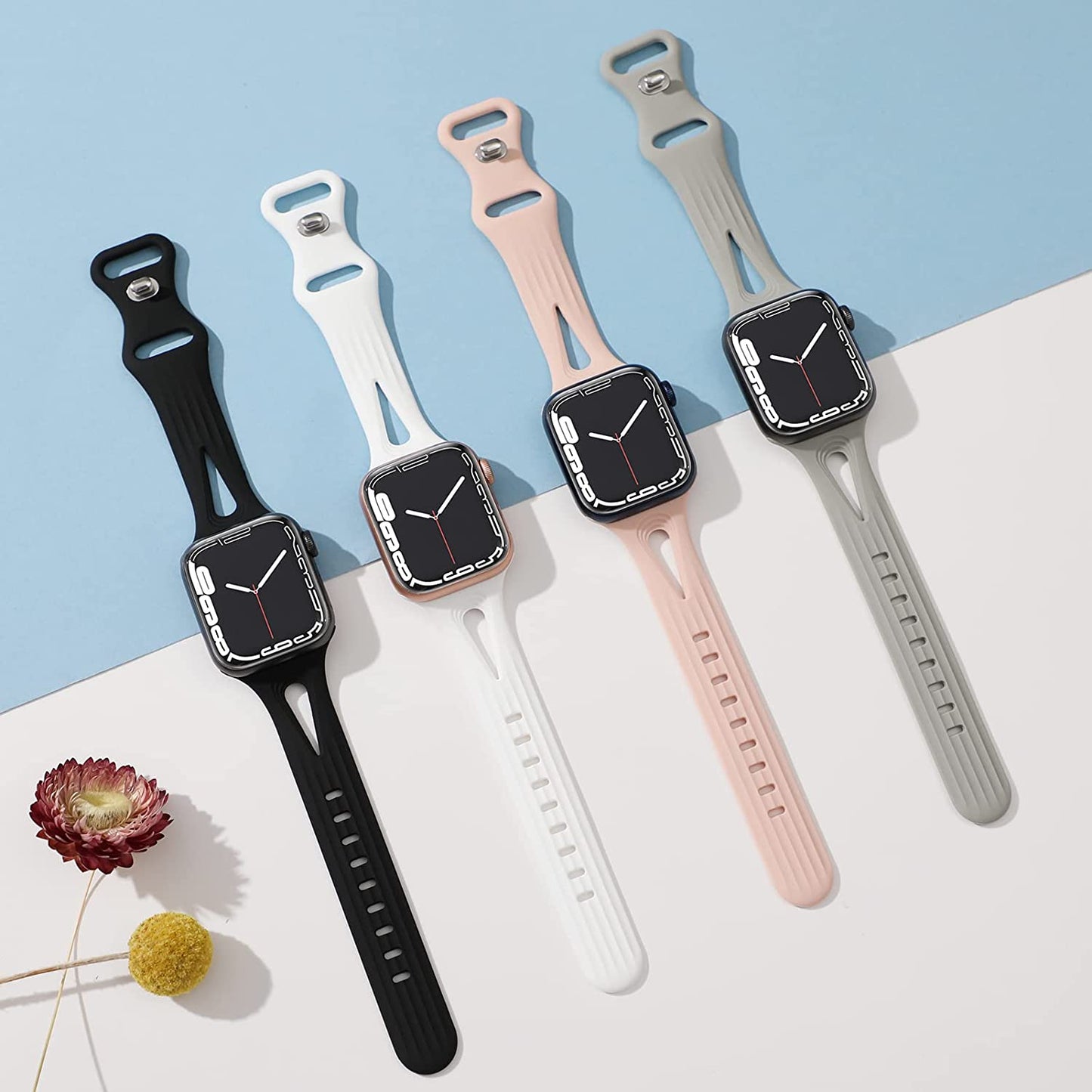 4 Pack Bands Compatible with Apple Watch Band 40Mm 38Mm 41Mm 42Mm 44Mm 45Mm for Women, Slim Thin Narrow Replacement Wristbands Soft Silicone Sport Strap for Iwatch Band Series 8 7 6 5 4 3 2 1 SE  Hehighti   