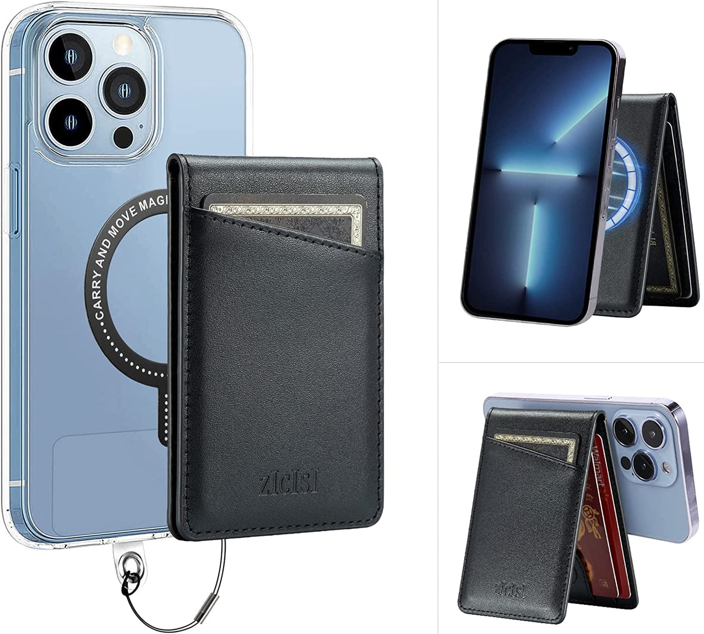 ZICISI Genuine Leather Detachable Magnetic Wallet Compatible with Magsafe Wallets Stand with 5 Card Slots & RFID Blocking&Metal Ring,For Iphone 14/13/12 Pro Max,Samsung and Android Phone Case,Purple  ZICISI Black  