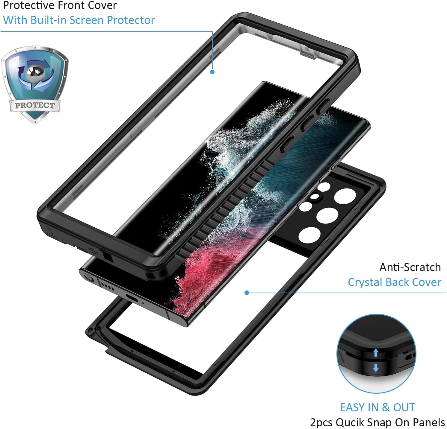 Lanhiem Samsung Galaxy S22 Ultra Case, IP68 Waterproof Dustproof, Built-In Screen Protector, Rugged Full Body Shockproof Protective Cover for Galaxy S22 Ultra 5G 6.8 Inch, Black/Clear  Lanhiem   