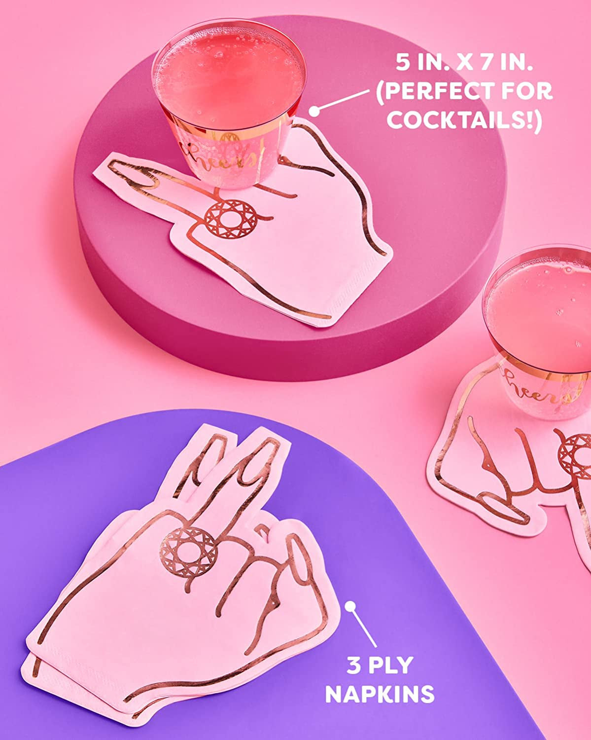 Xo, Fetti Bachelorette Party Ring Finger Napkins - 25 Count | Rose Gold + Pink 3-Ply Cocktail Napkins, Bach Decorations, Bridal Shower Gift, Engagement Party  xo, Fetti   