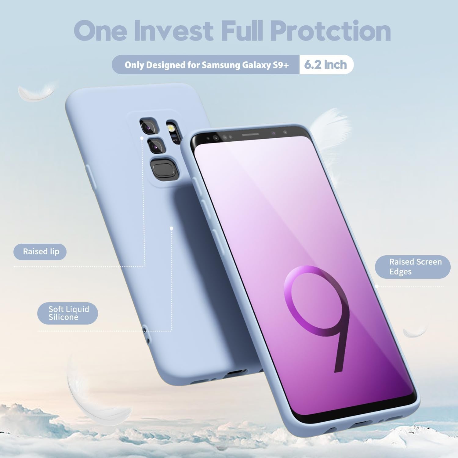 Oakxco for Samsung Galaxy S9 plus Phone Case Liquid Silicone Grip, Cute Thin Slim Soft Rubber TPU Plain Smooth Gel Cover for Women Girl, Matte Solid Protective & Shockproof, Aqua Sky Baby Light Blue  Oakxco   