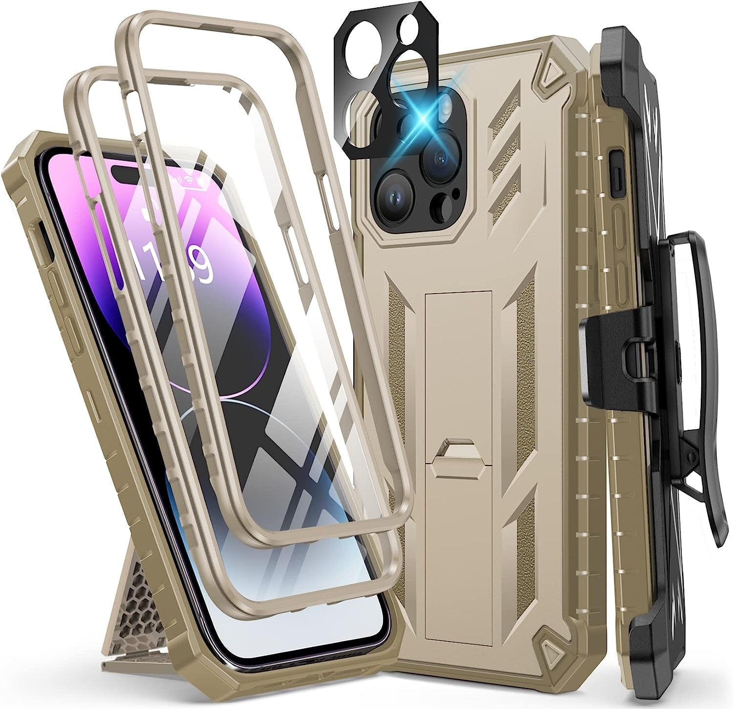 FNTCASE for Iphone 14 Pro Max Case: Military Grade Rugged Cell Phone Cover with Kickstand & Holster | Shockproof TPU Protection Bumper Matte Textured Design for Iphone 14 Pro Max Cases 6.7Inch - Beige  FNTCASE   