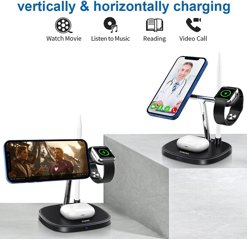 ZUBARR 4 in 1 Fast Wireless Charger, Magnetic Wireless Charging Station Compatible with Iphone 14/13/12 Series, Iwatch SE/6/5/4/3/2, Airpods 2/Pro and Pencil 1Nd with QC 3.0 Adapter  ZUBARR   