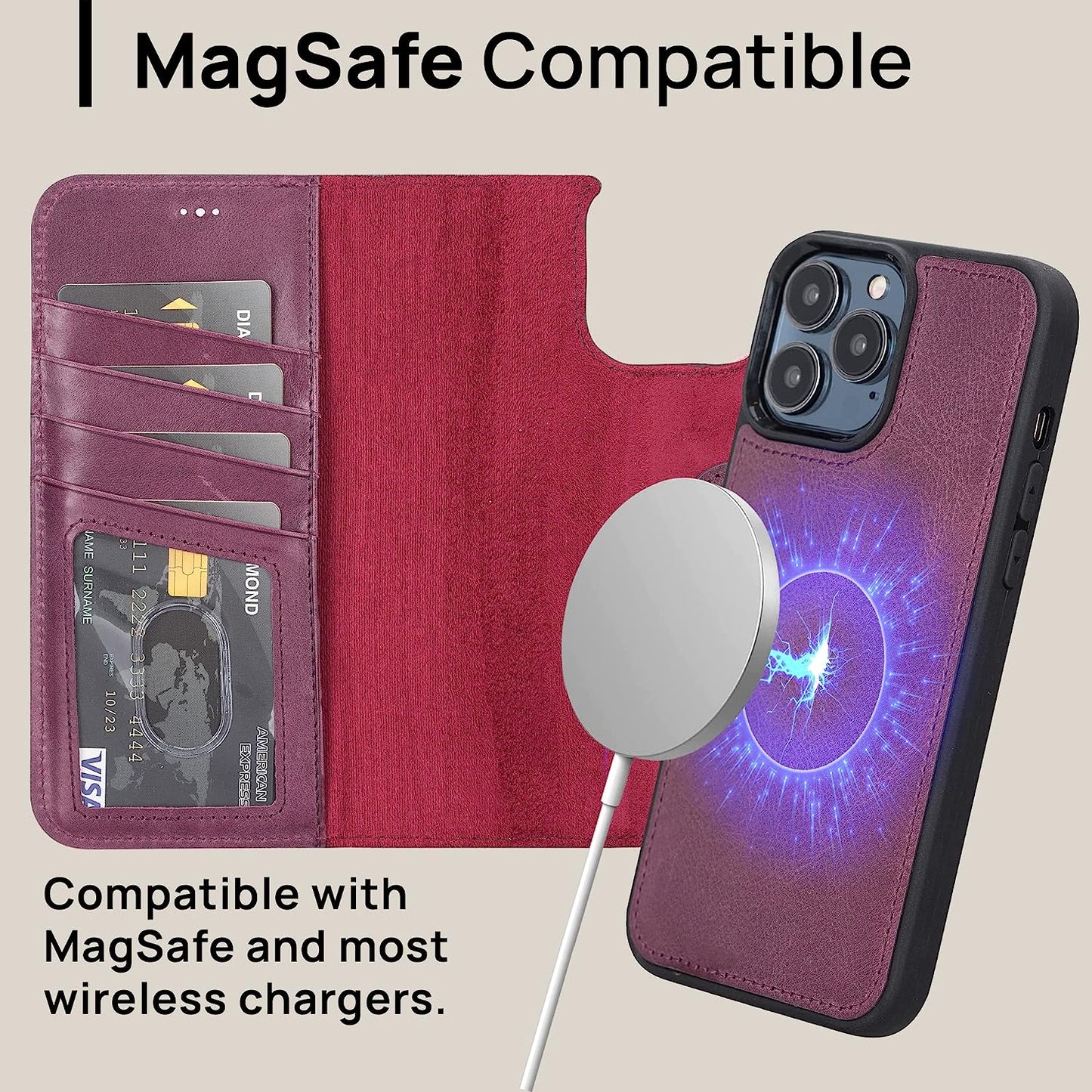 OXA Leather 2-In-1 Wallet Case Compatible with Iphone 14 Pro Max | Magnetic Detachable | Shockproof | RFID Blocking | Flip Case with Kickstand | Compatible with Magsafe | - Purple  OXA   