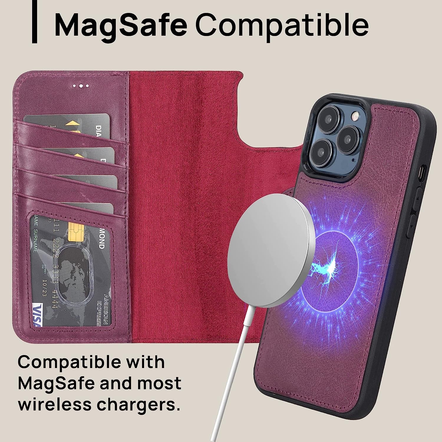 OXA Leather 2-In-1 Wallet Case Compatible with Iphone 14 Pro Max | Magnetic Detachable | Shockproof | RFID Blocking | Flip Case with Kickstand | Compatible with Magsafe | - Purple  OXA   