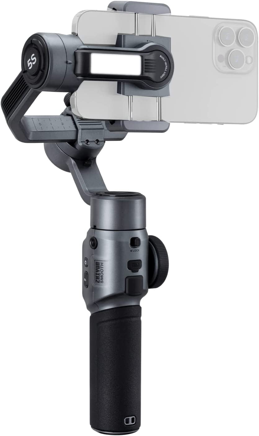 Zhiyun Smooth 5S Smartphone Gimbal Stabilizer 3-Axis with Built-In Fill Light for Iphone Android with Face Object Tracking for Vlog Video Live Stream INS Youtube (Smooth 5 Upgrade Version)-Gray  zhi yun   