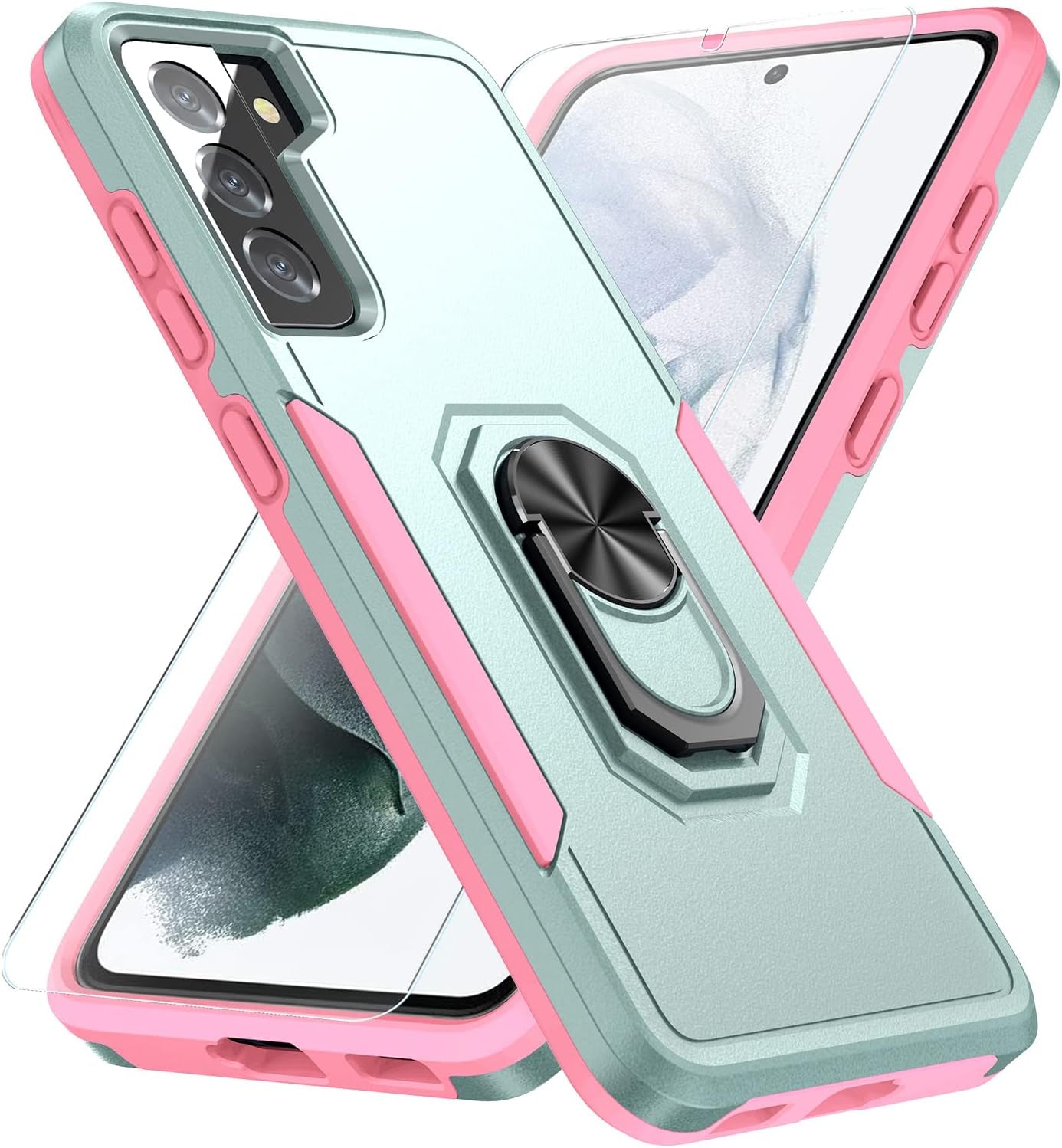 KSELF Galaxy S21 5G Case with Tempered Glass, Shockproof Military-Grade Phone Cover & Ring Kickstand, 6.2" (Pink)  KSELF Green  Pink  