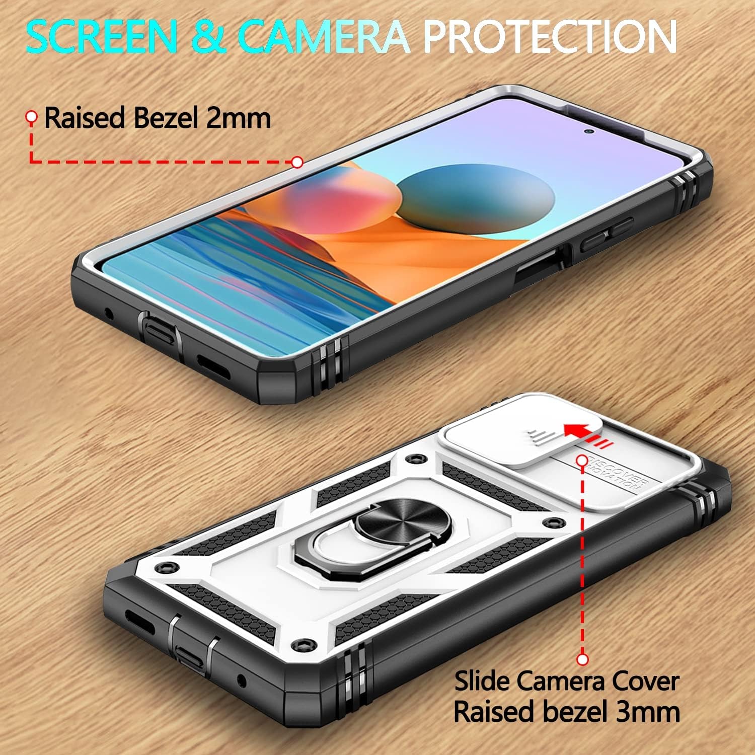 Xiaomi Redmi Note 10 Pro Case, Redmi Note 10 Pro MAX Case with 3 Pcs Tempered Glass Screen Protector Built in Ring Stand Kickstand + Camera Cover, Hard PC Soft TPU Defender Full Body Armor Case -White  ANOUKE   