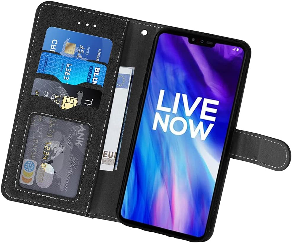 Compatible with LG V40 Thinq Wallet Case and Tempered Glass Screen Protector Flip Cover Credit Card Holder Stand Cell Phone Cases for LGV40 Storm V 40 Thin Q V40Thinq LG40 40V 40Thinq Women Men Black  NSS   