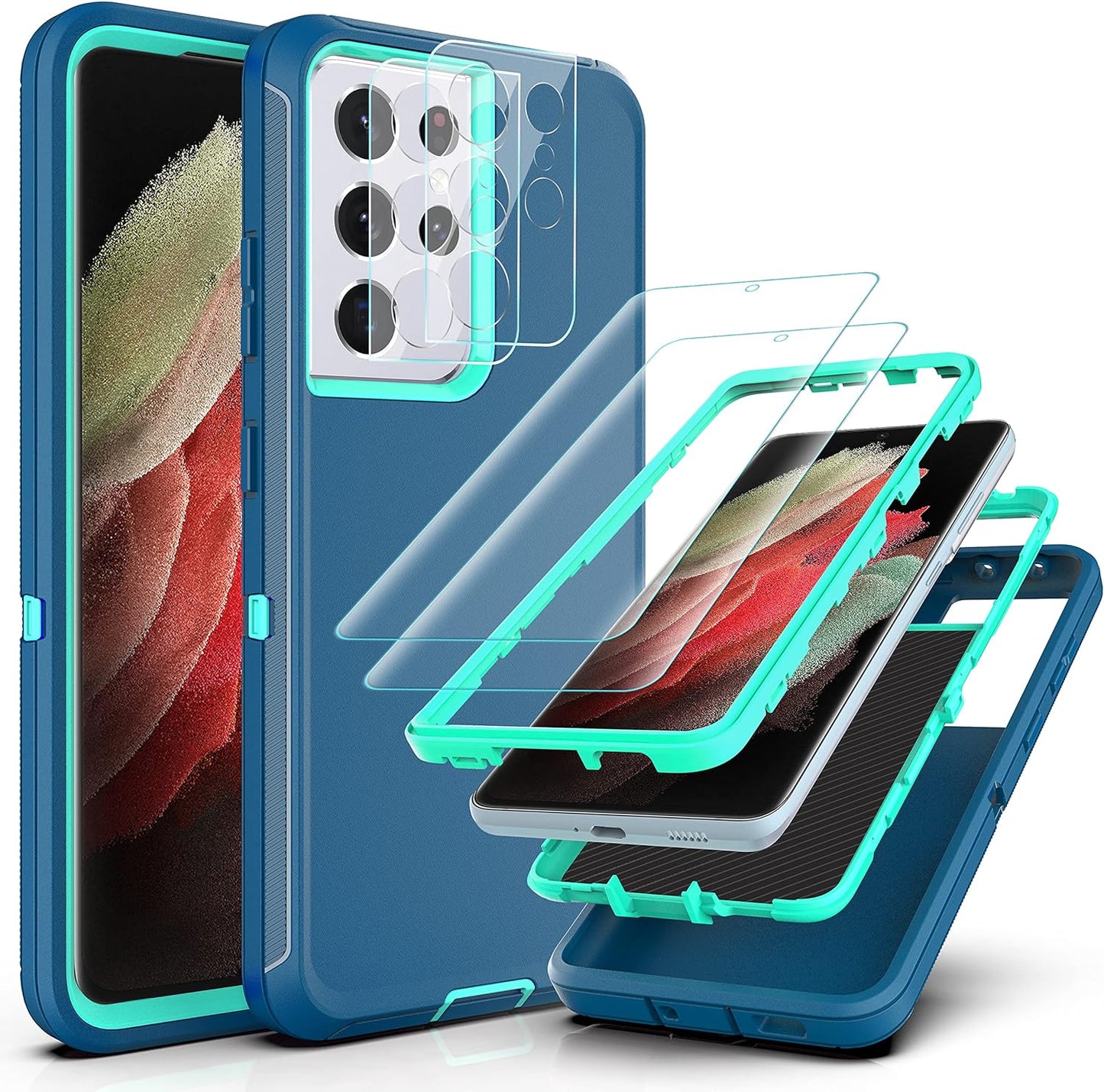 Ymhxcy Galaxy S21 Ultra Case with Self Healing Flexible TPU Film[2 Pack] and Camera Lens Screen Protective Film[2 Pack], Heavy Protection Cover for Samsung Galaxy S21 Ultra-Wine Red and Rose Pink  YmhxcY Blue And Turquoise  