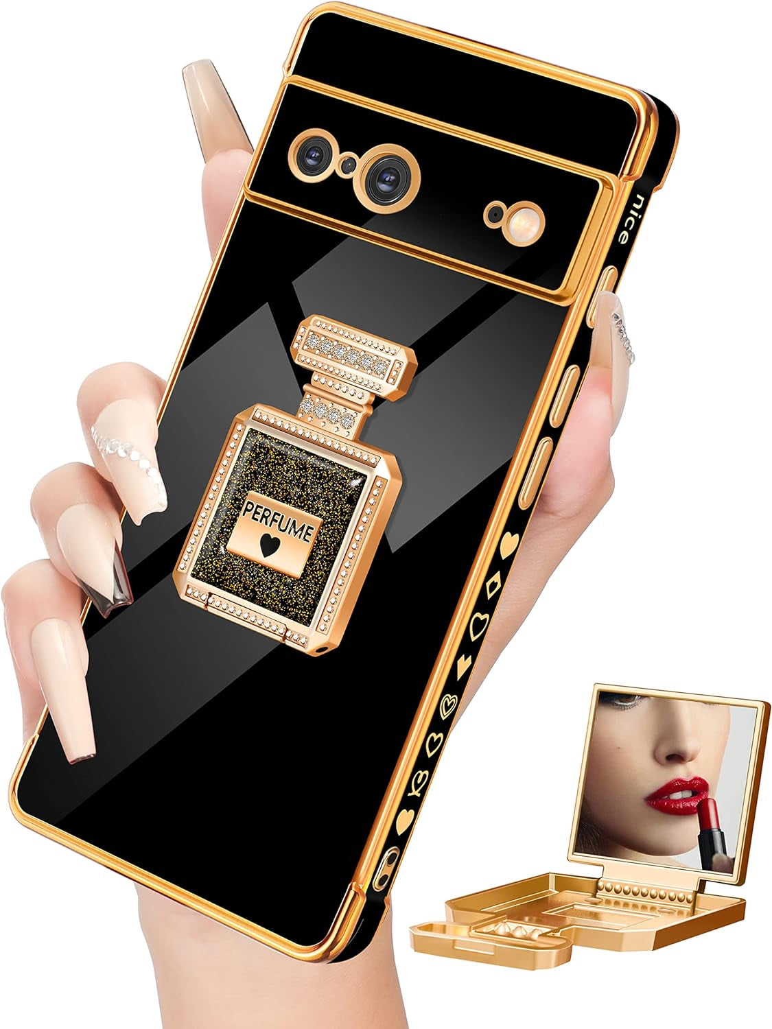 Buleens for Pixel 6 Pro Case with Metal Perfume Bottle Mirror Stand,Cute Women Girly Heart Cases for Google Pixel 6 Pro Case, Elegant Luxury Phone Cover for Pixel 6 Pro Phone Case 6.7''Sierra Blue  Buleens Black For Google Pixel 7 