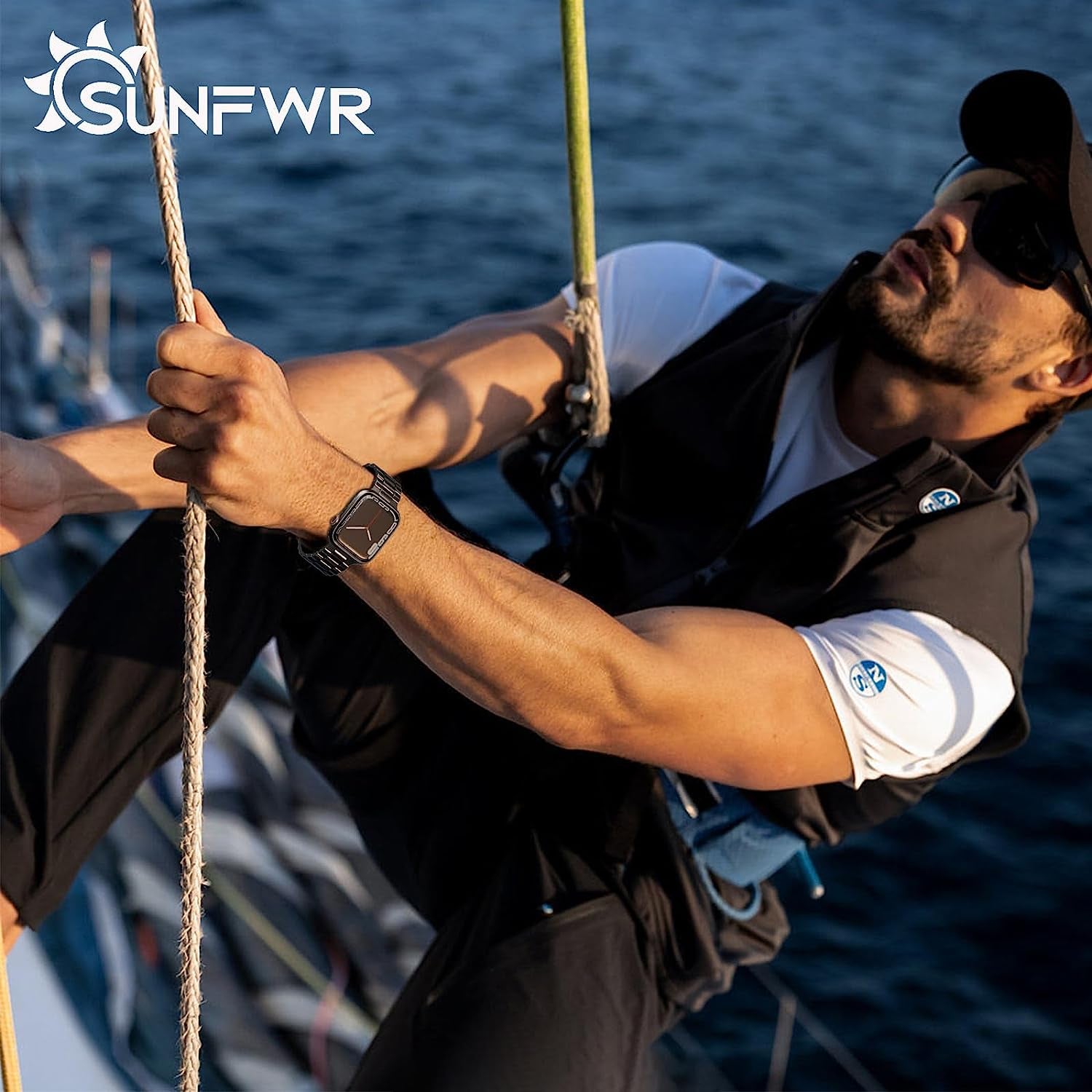 SUNFWR Compatible with Apple Watch Band 45Mm 44Mm 42Mm for Men Women, Stainless Steel Metal Iwatch Band with Case for Apple Watch Series 8/7/6/5/4/3/2/1/SE/SE2 (Black, 42Mm/44Mm/45Mm)  SUNFWR   