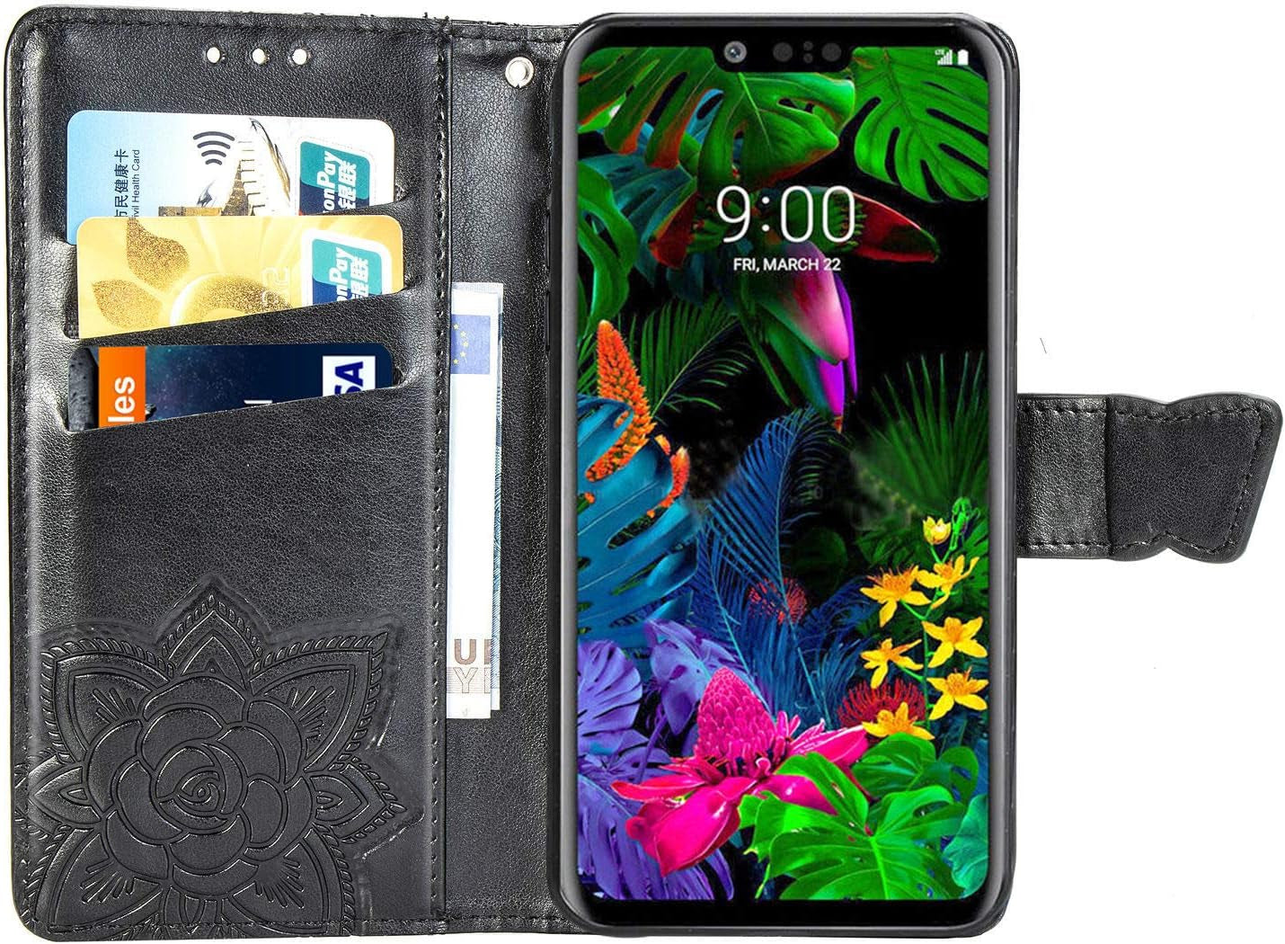 Case for LG G8 Thinq Cover,Embossing Mandala Butterfly Rose Vine Flip Folio Wallet Case PU Leather Stand Card Slots Protective Case Cover + Dust Plug Stylus for LG G8 Thinq Wallet Case,Black  ikasus   