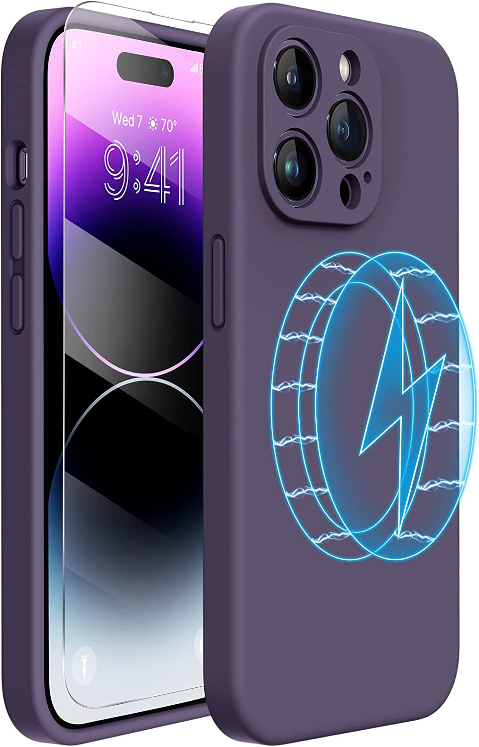 Miracase Designed for Iphone 14 Pro Case with Screen Protector, [Upgraded Camera Protection], Shockproof Liquid Silicone Rubber Phone Case Cover for 14 Pro 6.1 Inch (Alpine Green)  Miracase Purple Magnetic  