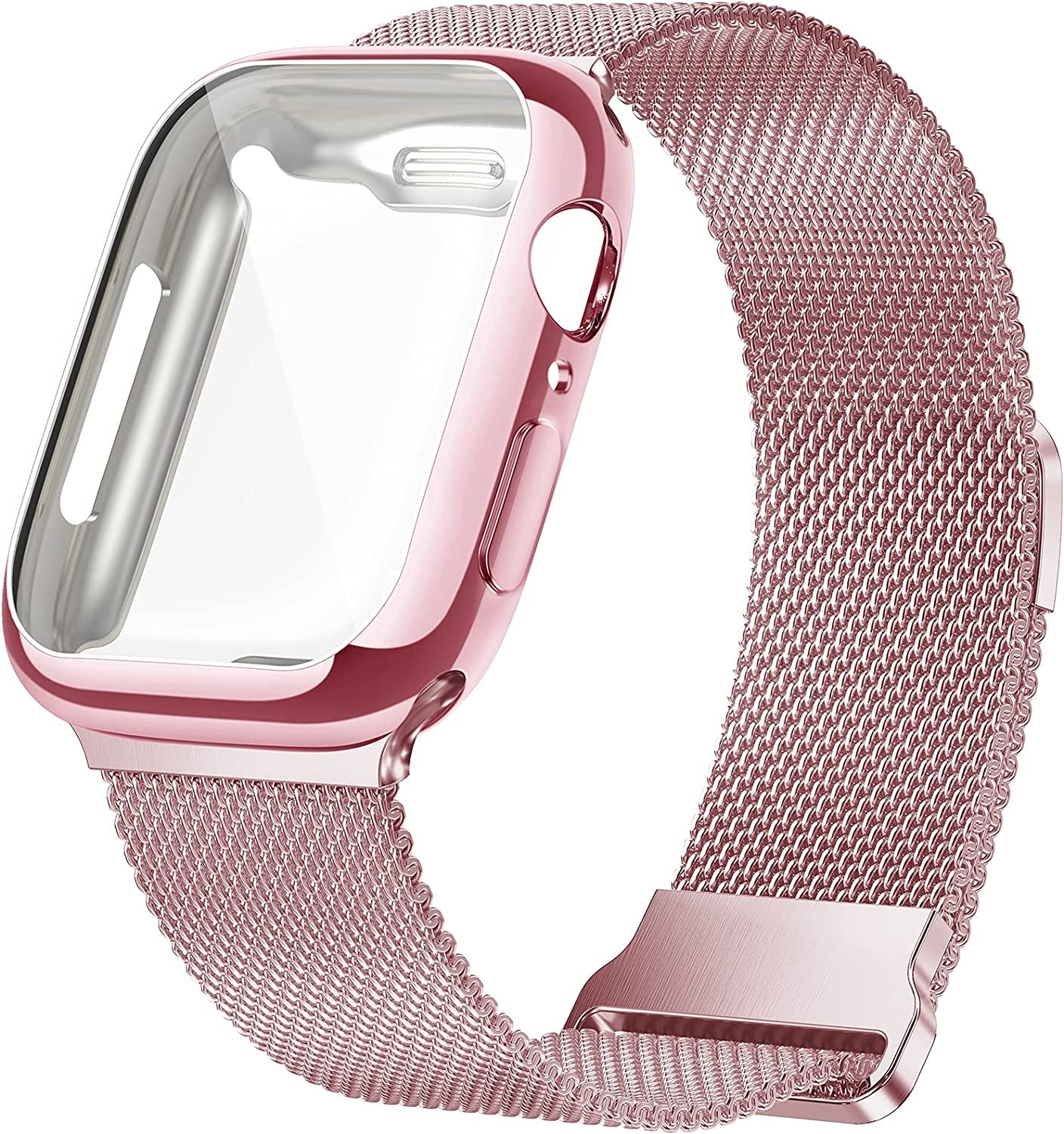 Geoumy Metal Magnetic Bands Compatible for Apple Watch Band 45Mm with Case, Stainless Steel Milanese Mesh Loop Replacement Strap Compatible with Iwatch Series 8/7/6/5/4/3/2/1 SE Women Men,Starlight  Geoumy Rose Pink 44 mm 
