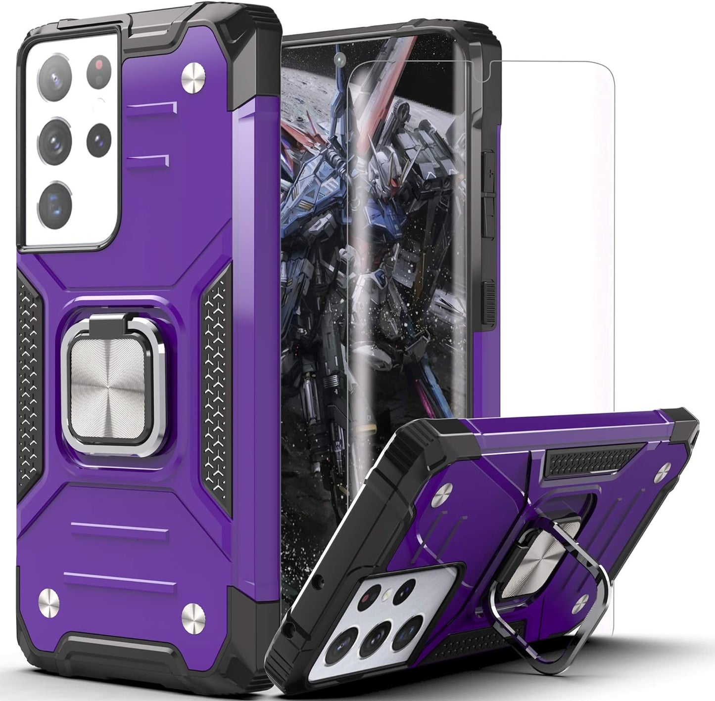 AYMECL Case for S21 Ultra 5G,Galaxys21 Ultra 5G Case with Slide Camera Cover&[2 Packs] Self-Healing Film,360° Rotate Ring Stand Magnetic Cover Case for Samsung Galaxy S21 Ultra 5G 6.8"-Blue  AYMECL K2-Purper  