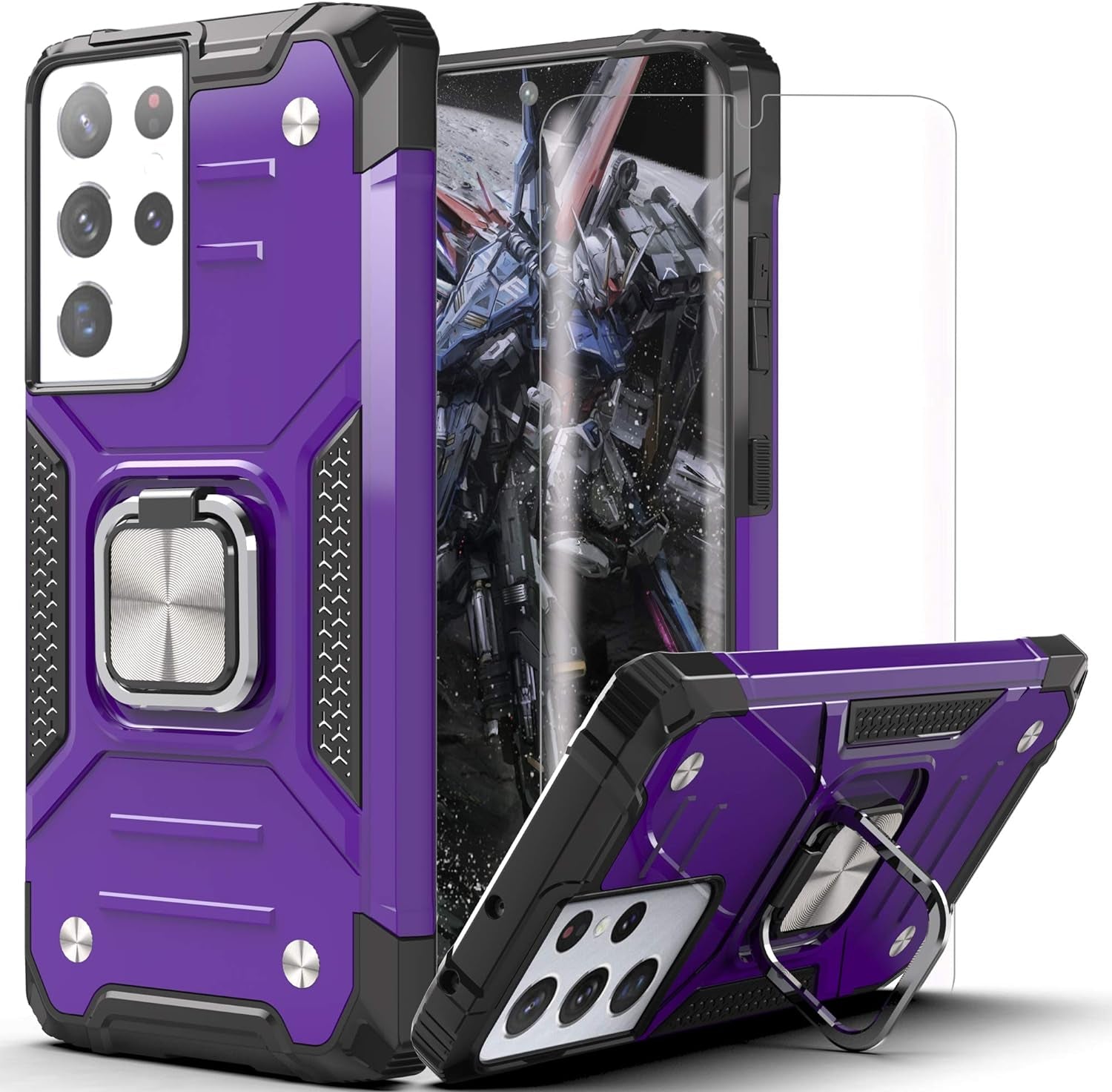 AYMECL Case for S21 Ultra 5G,Galaxys21 Ultra 5G Case with Slide Camera Cover&[2 Packs] Self-Healing Film,360° Rotate Ring Stand Magnetic Cover Case for Samsung Galaxy S21 Ultra 5G 6.8"-Blue  AYMECL K2-Purper  