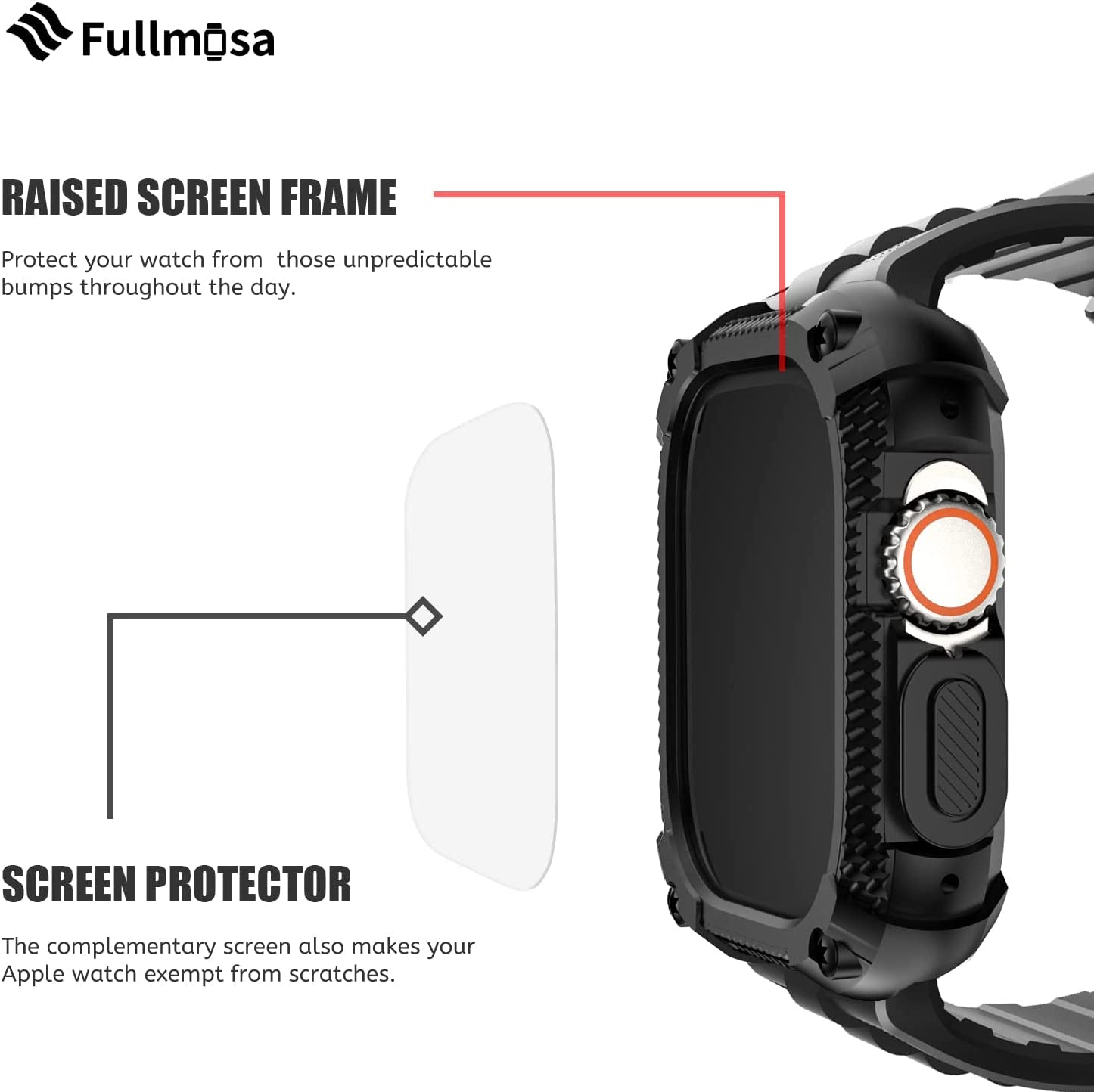 Fullmosa Watch Band Compatible Rugged Apple Watch Band Ultra 49Mm with Bumper Case & Screen Protector for Men Women, Black  Fullmosa   