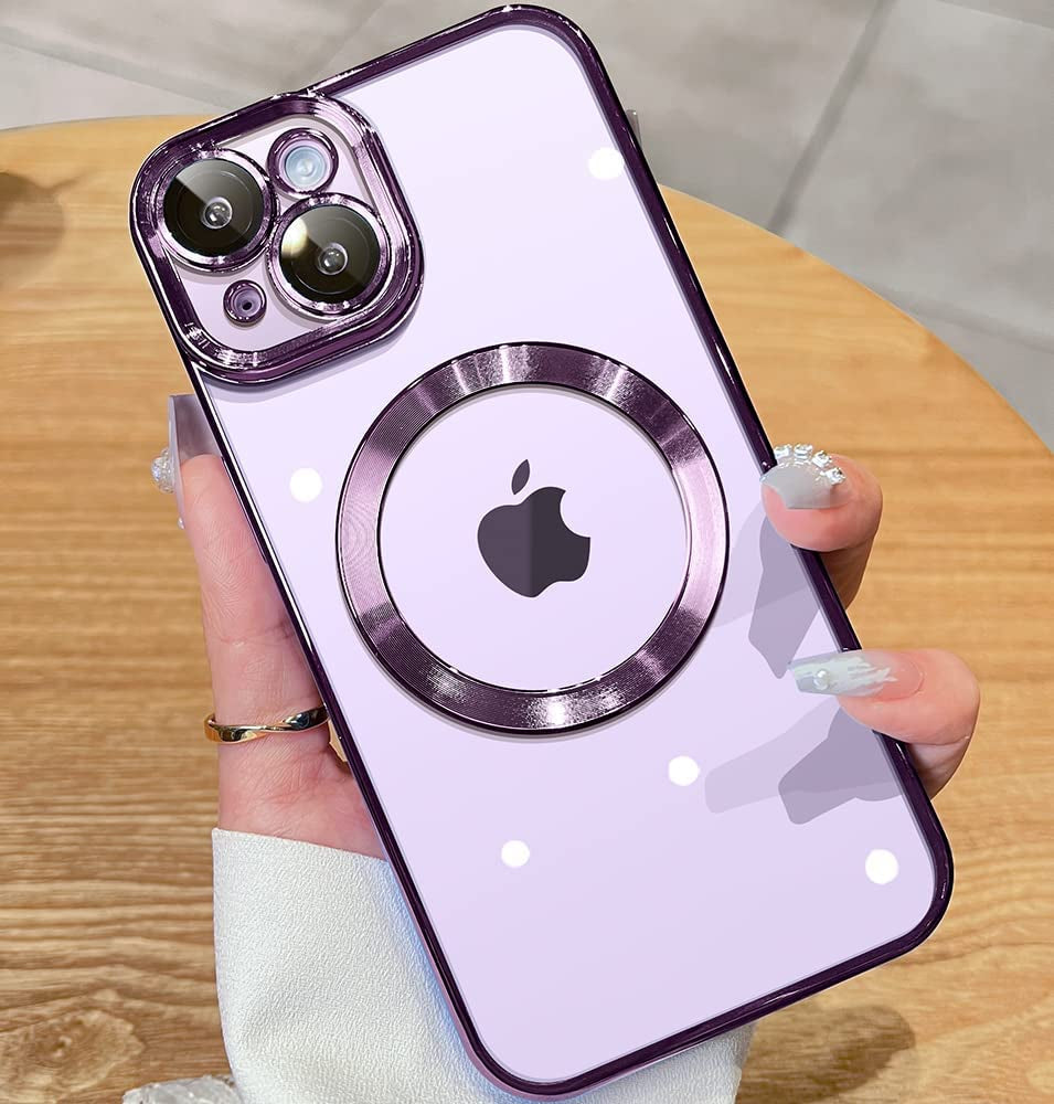 JUESHITUO Magnetic Matallic Glossy Clear for Iphone 14 Case with Full Camera Cover Protection [No.1 Strong N52 Magnets] [Military Grade Drop Protection] for Women Girls Phone Case (6.1")-Sierra Blue  JUESHITUO A-Purple  