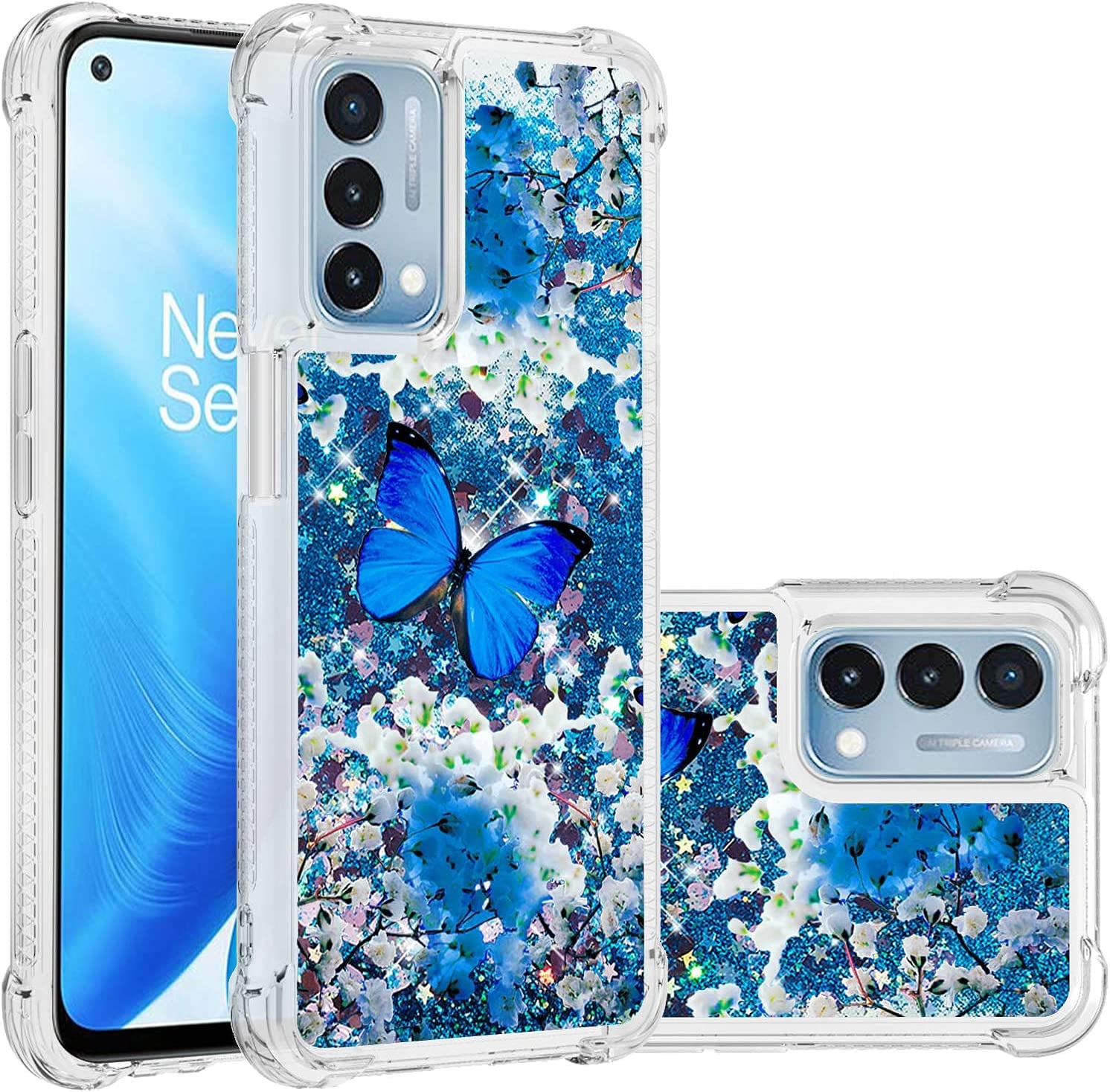 CAIYUNL for Oneplus Nord N200 5G Case with Tempered Glass Screen Protector, Glitter Bling Flowing Liquid Sparkle Women Girls Soft TPU Shockproof Protective Cute Case for Oneplus Nord N200 5G-Butterfly  CAIYUNL   