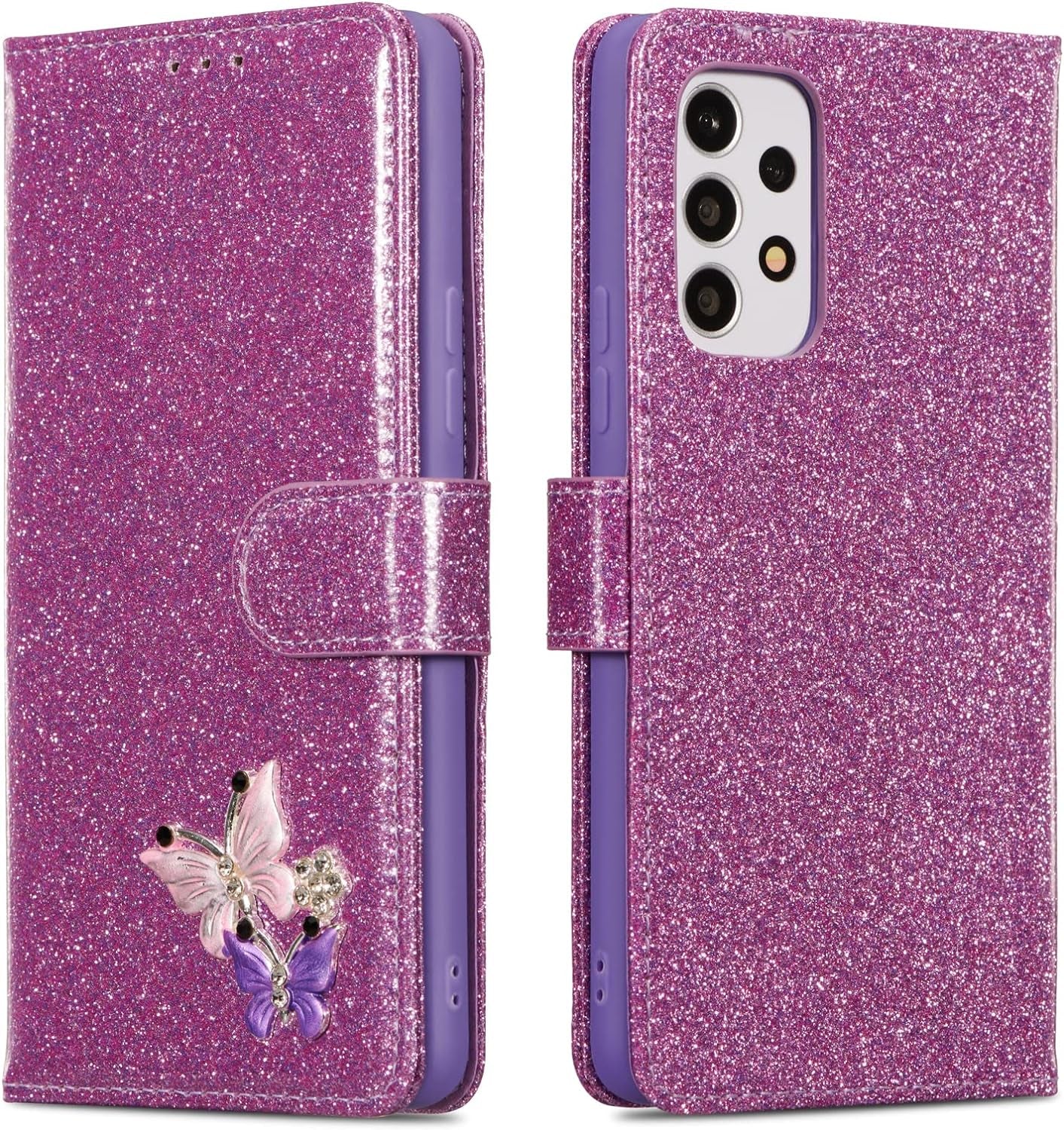 UEEBAI Wallet Case for Samsung Galaxy A53 5G, Premium Glitter PU Leather Phone Case Card Slots Kickstand Case Magnetic Closure Bling Handbag Case Shockproof Hand Strap Flip Cover - Glitter Purple  UEEBAI   