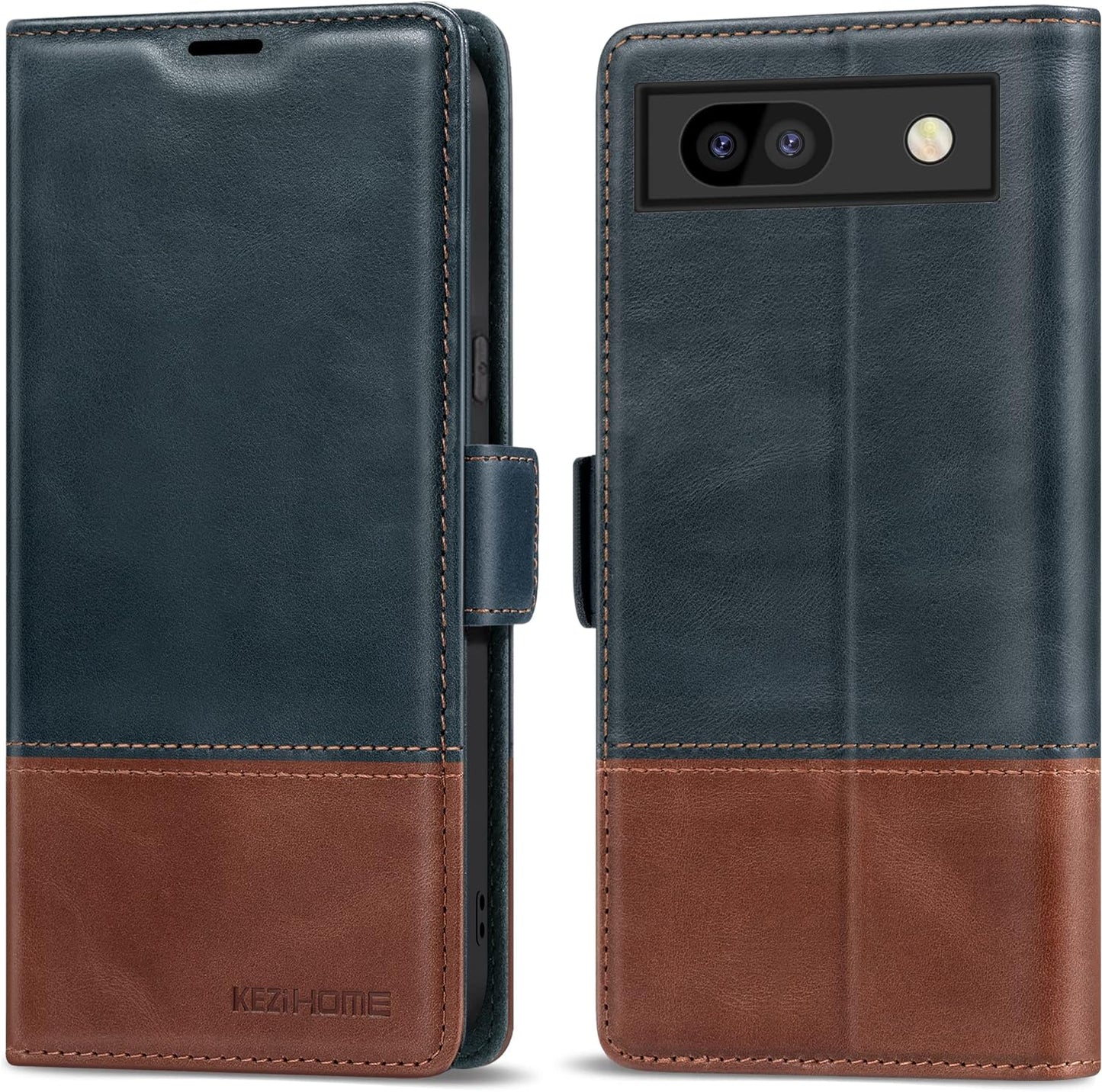Kezihome Case for Google Pixel 7A, Genuine Leather Wallet Case with Card Holder [RFID Blocking] Kickstand Flip Protective Heavy Duty Phone Cover for Google Pixel 7A 5G 2023 (Red/Brown)  KEZiHOME Navy Blue/Brown Google Pixel 7A 