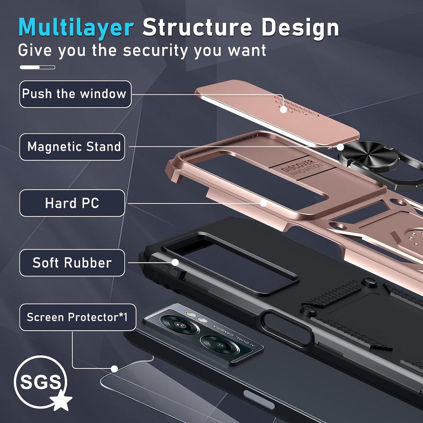 Oneplus Nord N300 5G Case Built in Slide Camera Lens Cover and Screen Protector,Heavy Duty Shockproof Full Body Protective Phone Cover,Built in Finger Ring Stable Holder Kickstand,2022 Rose Gold  Janmitta   