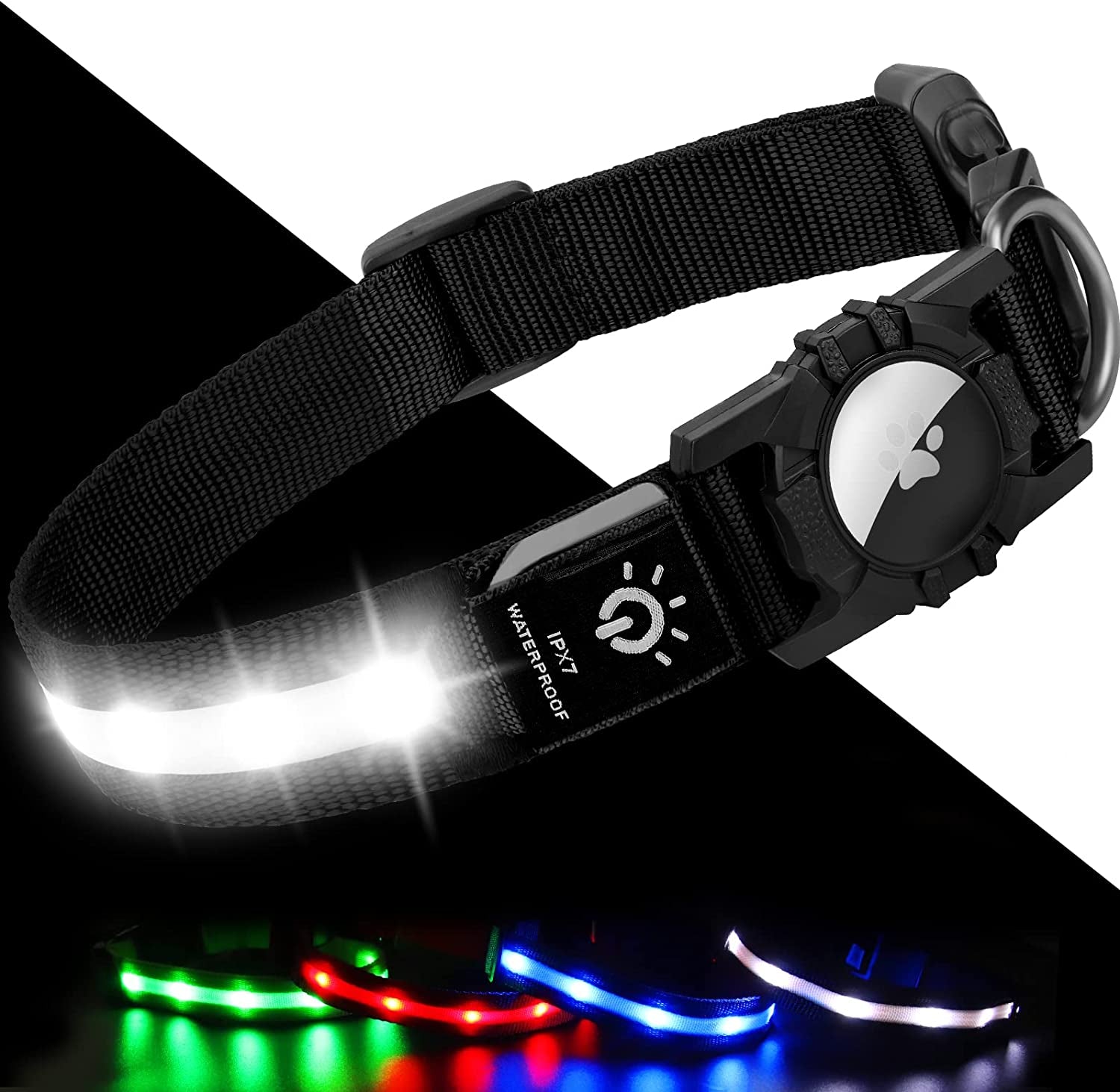 Joytale LED Airtag Dog Collar[100% IPX7 Waterproof], Light up Night Safety Pet Collars for Air Tag, USB C Rechargeable Lighted Glow Nylon Collar with Airtag Holder Case for Large Dogs, Red  Joytale Black Small (11"- 16") 