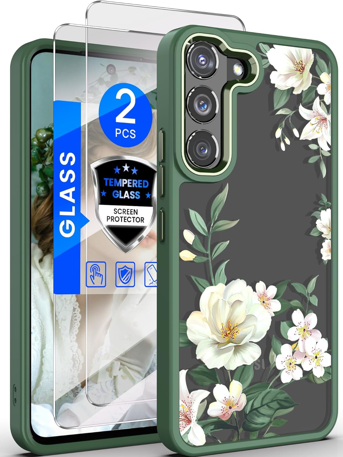 Dretal for Samsung Galaxy S22 5G Case Floral, Military Grade Drop Tested Hard Back & Soft Edge Slim Flower Women Girls Phone Protective Cover + Tempered Glass Screen Protector for Galaxy S22 (Green)  Dretal   