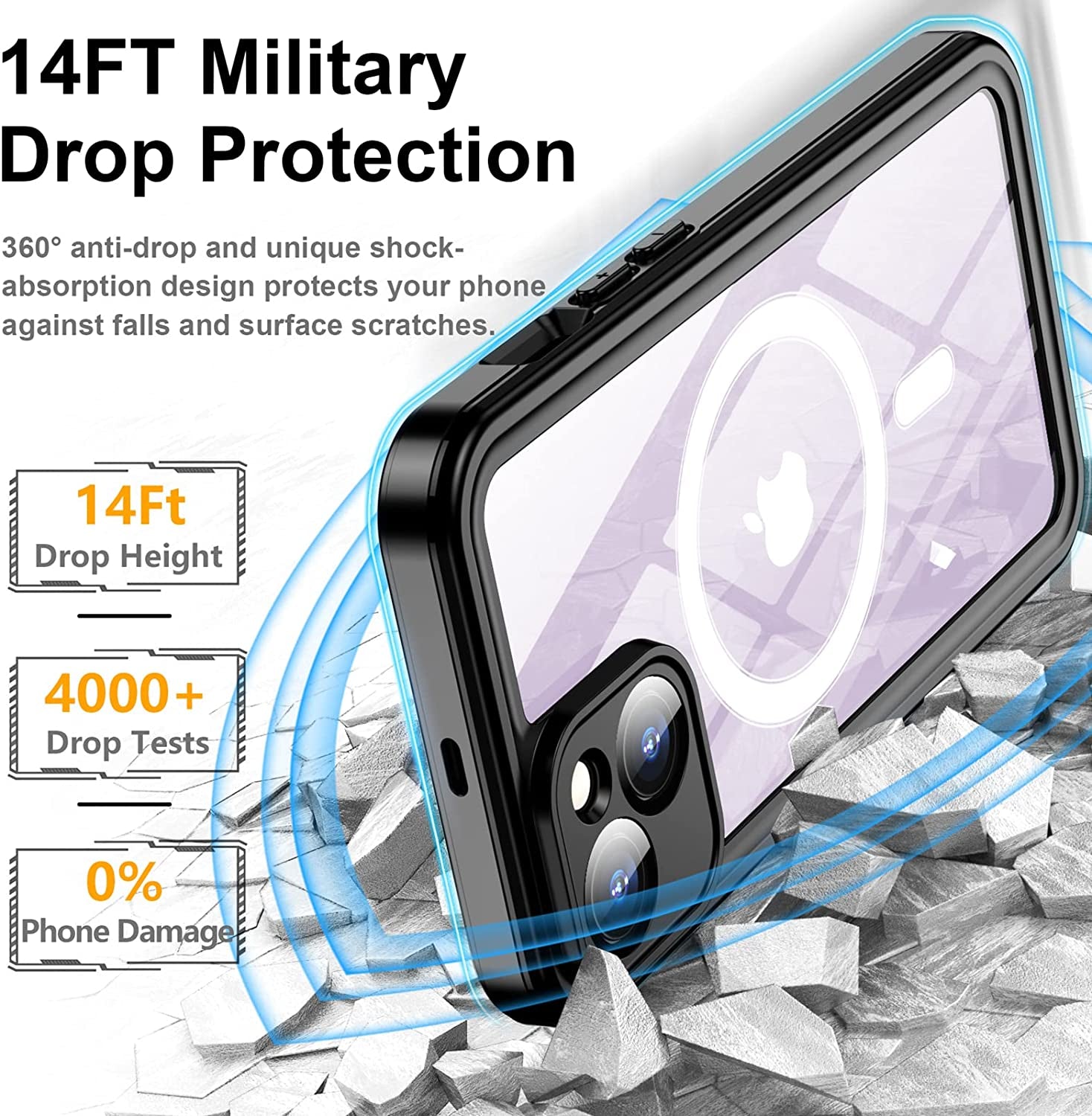 Temdan for Iphone 14 plus Case Waterproof,Built-In 9H Tempered Glass Screen Protector [Real 360][IP68 Underwater][14Ft Military Dropproof][Dustproof][Compatible with Magsafe] - Black/Clear  Temdan   