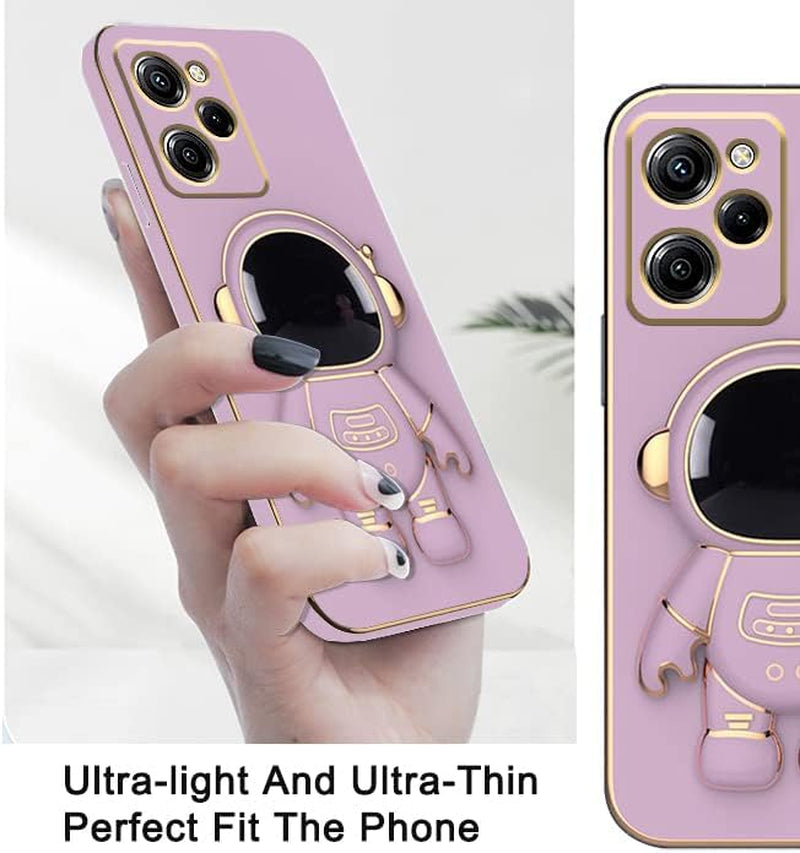 Compatible with Poco X5 Pro Case with Plating Creative Astronaut Cartoon Holder Pink, Xiaomi Poco X5 Pro Phone Case Silicone Shockproof Stand Soft TPU Protective Slim Cover (Purple)  Wousunly   