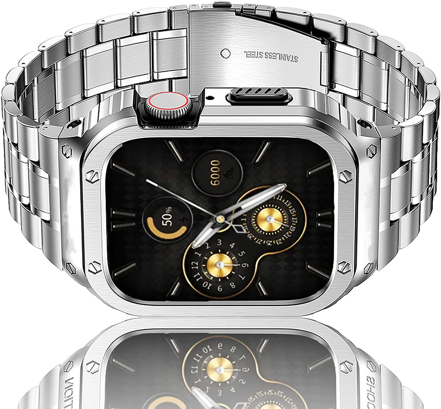 Amznew Apple Watch Band with Case Compatible for Iwatch Series Ultra(49Mm) 8/7(45Mm/41Mm) 6/5/4/Se(44Mm/40Mm) 3/2/1(42Mm/38Mm), Stainless Steel Iwatch Bands and Metal Bumper Cover for Men  Amznew Silver 45mm 