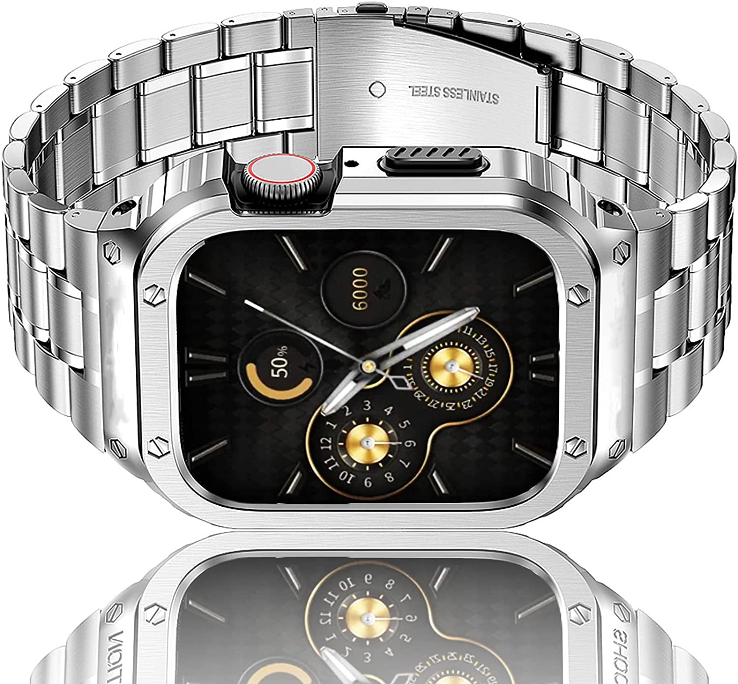 Amznew Apple Watch Band with Case Compatible for Iwatch Series Ultra(49Mm) 8/7(45Mm/41Mm) 6/5/4/Se(44Mm/40Mm) 3/2/1(42Mm/38Mm), Stainless Steel Iwatch Bands and Metal Bumper Cover for Men  Amznew Silver 45mm 