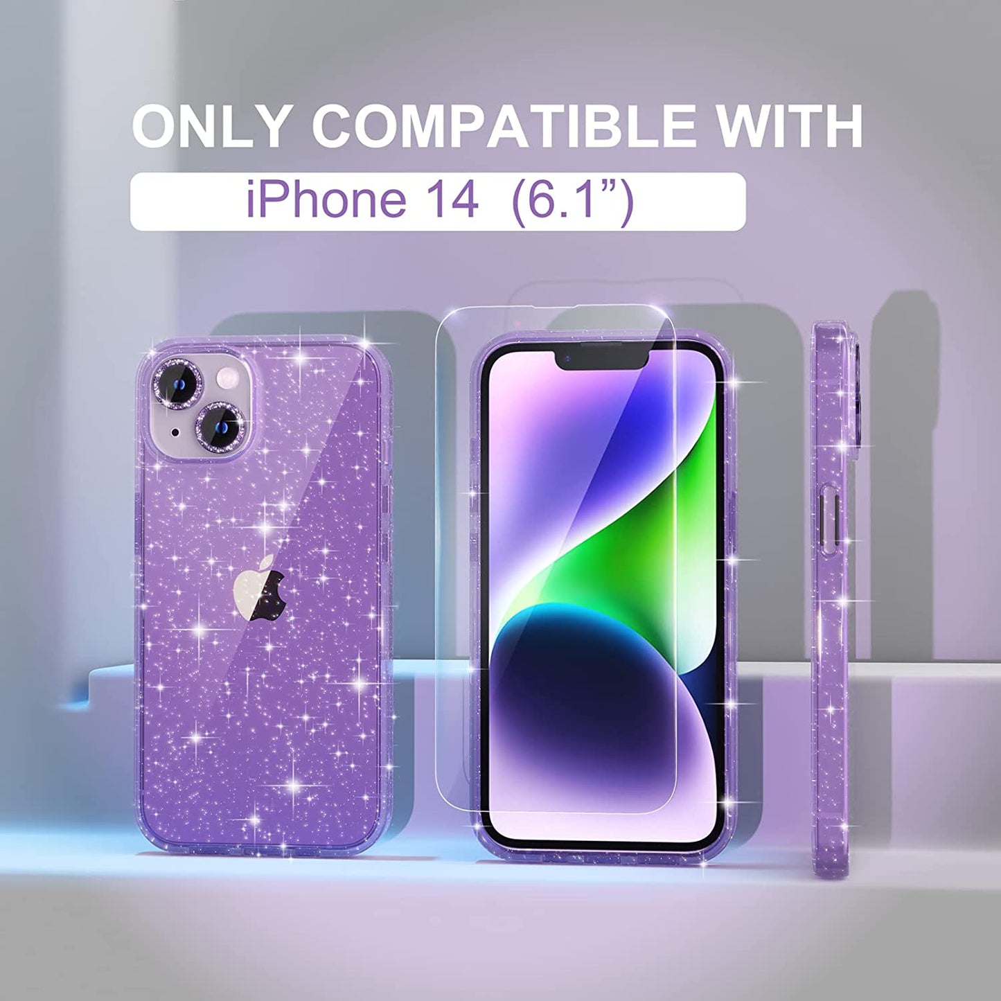 Choiche Compatible for Iphone 14 Case Cute, Women Clear Glitter Bling Sparkly Case, [2 X Diamond Camera Lens Protectors] [2 X Tempered Glass Screen Protectors] 6.1-Inch (Glitter Purple)  Choiche   