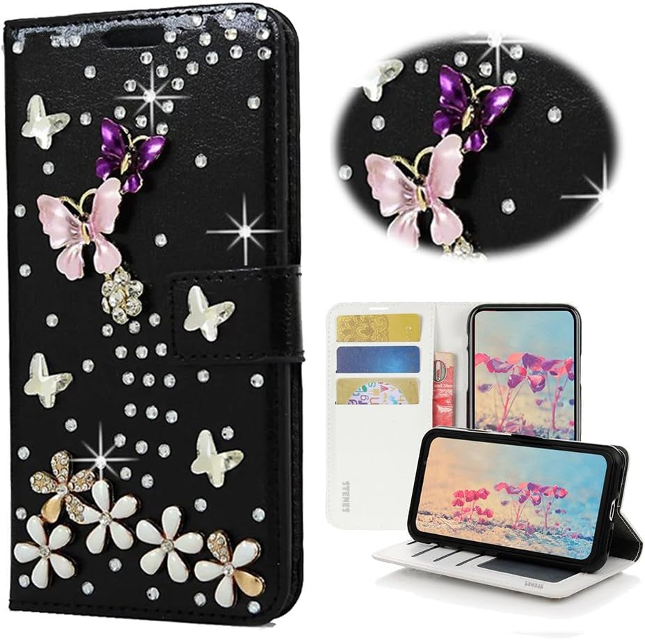 STENES LG G6 Case, LG G6 plus Case - STYLISH - 3D Handmade Bling Crystal Pretty Butterfly Flowers Wallet Credit Card Slots Fold Stand Leather Cover Case for LG G6/LG G6 plus - Black  STENES S-Link Butterfly Floral / Black  